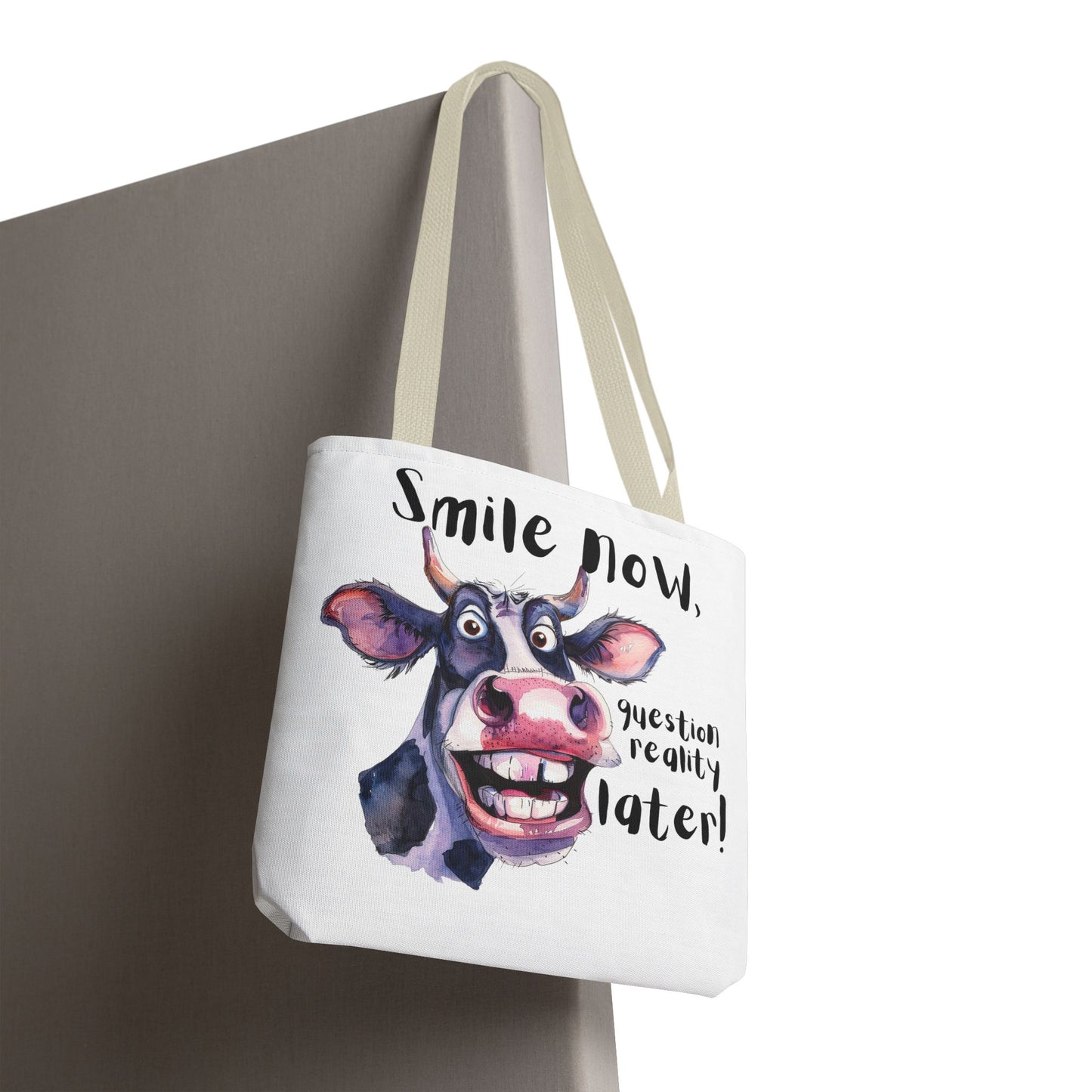 Funny Cow Tote Bag - 'Smile Now, Question Reality Later!' - Great Gift Idea, Mother's Day Gift