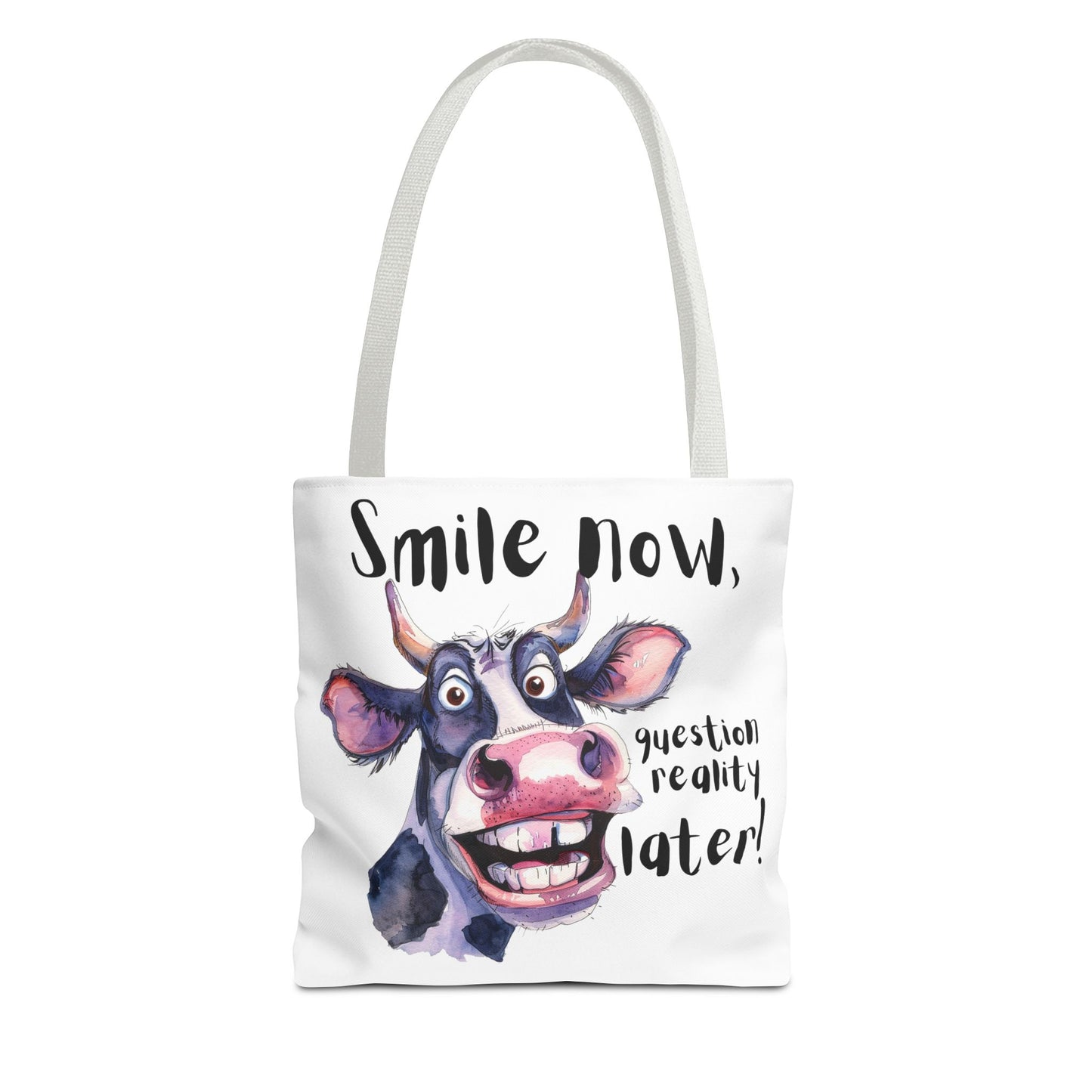 Funny Cow Tote Bag - 'Smile Now, Question Reality Later!' - Great Gift Idea, Mother's Day Gift