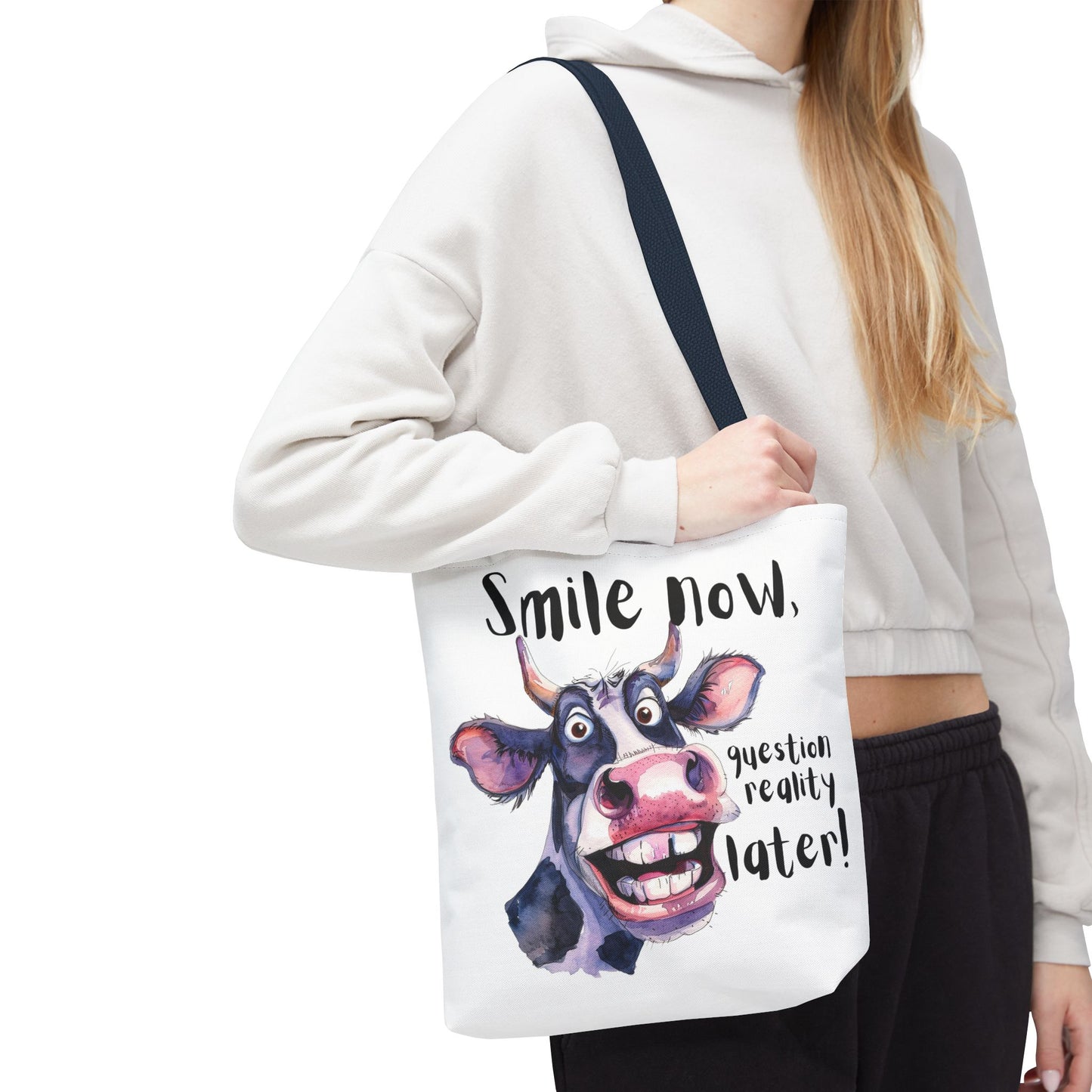 Funny Cow Tote Bag - 'Smile Now, Question Reality Later!' - Great Gift Idea, Mother's Day Gift