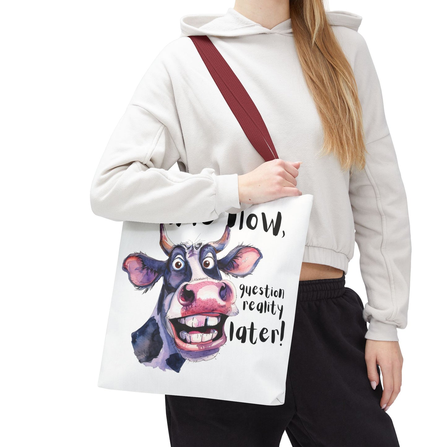 Funny Cow Tote Bag - 'Smile Now, Question Reality Later!' - Great Gift Idea, Mother's Day Gift