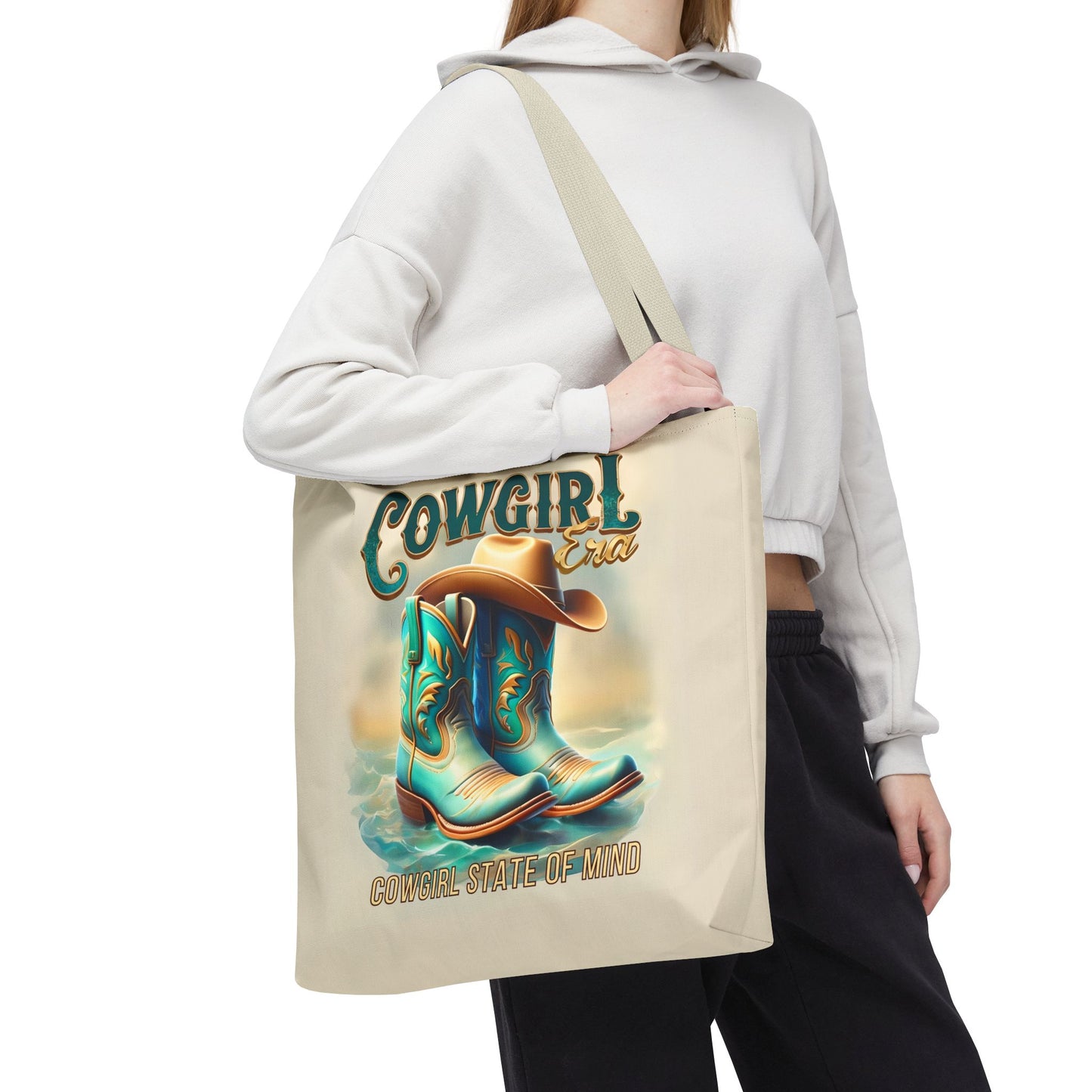 Cowgirl State of Mind Tote Bag – Turquoise and brown cowgirl boots - Cowgirl Era Perfect for Western Lovers and Everyday Use