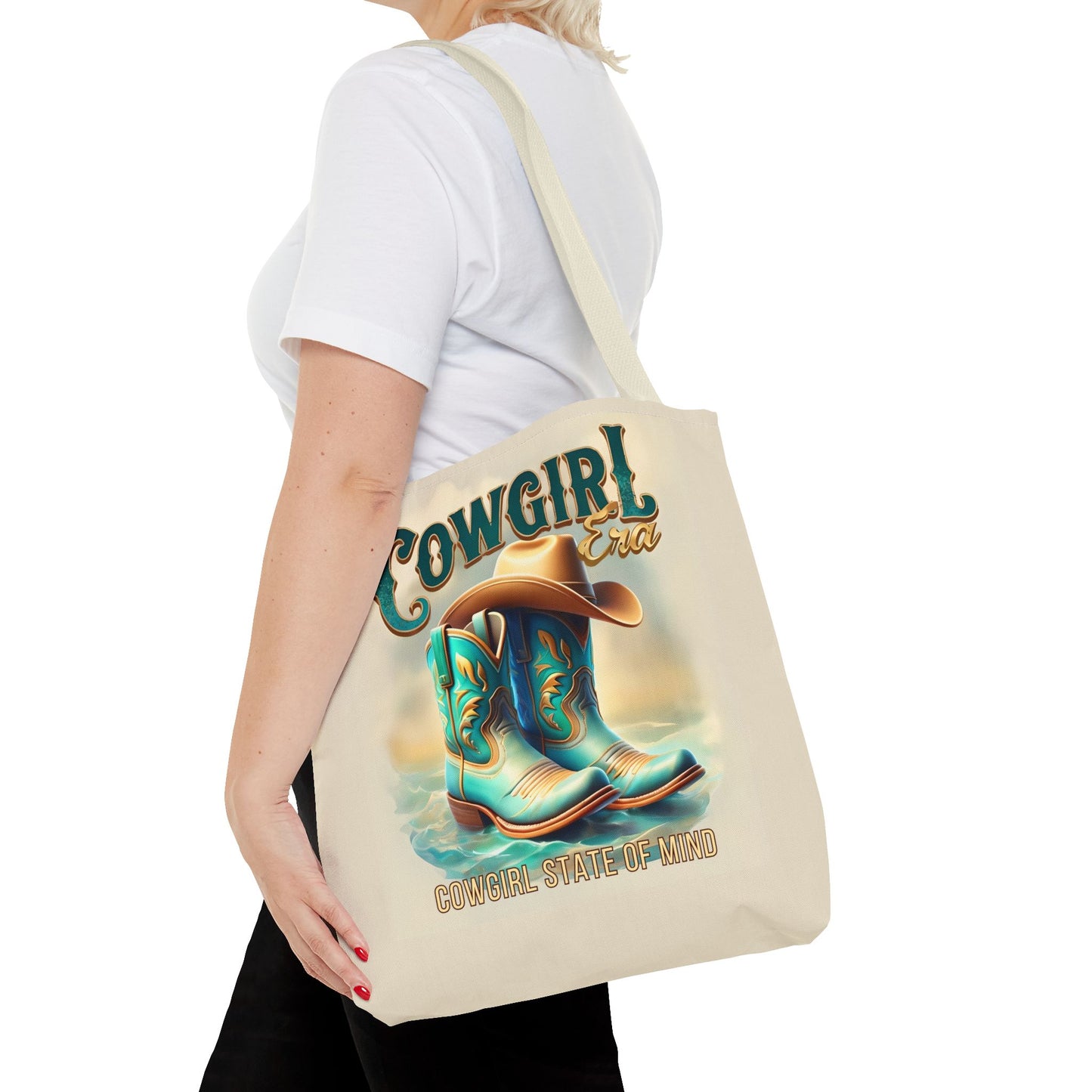 Cowgirl State of Mind Tote Bag – Turquoise and brown cowgirl boots - Cowgirl Era Perfect for Western Lovers and Everyday Use
