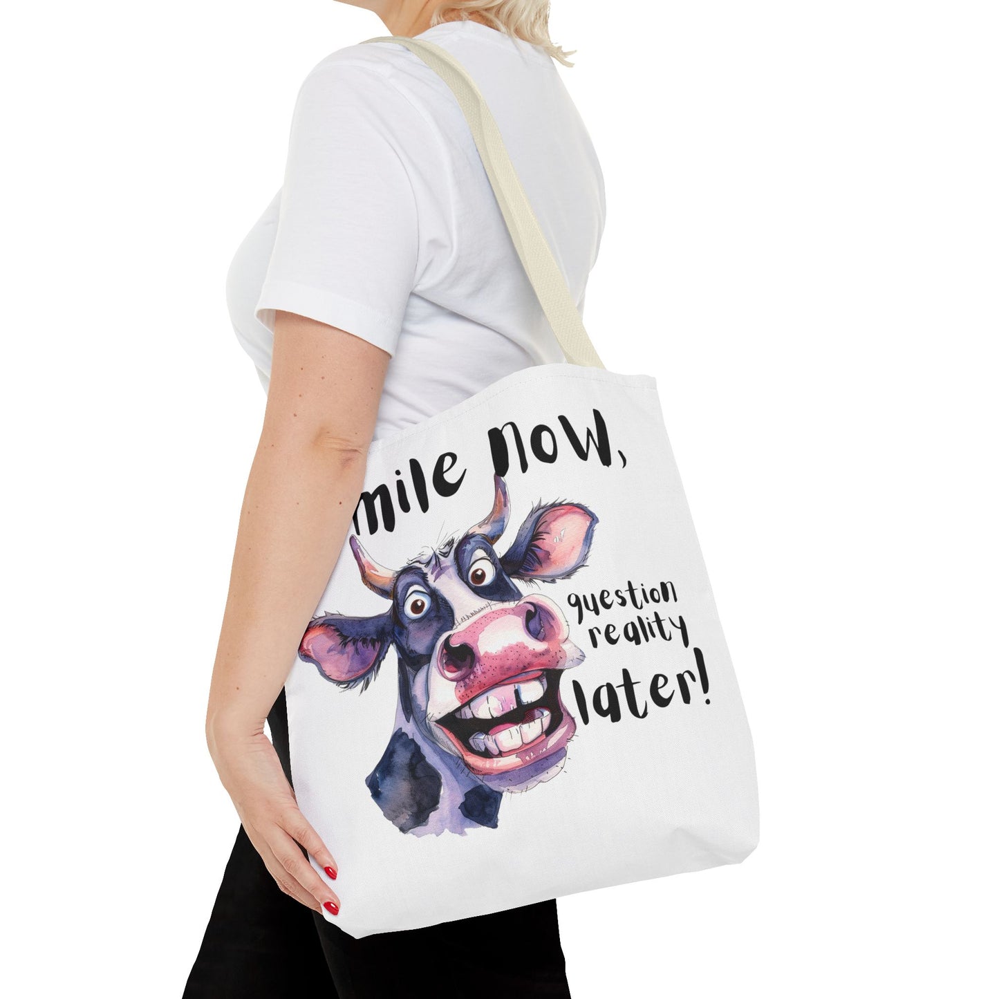 Funny Cow Tote Bag - 'Smile Now, Question Reality Later!' - Great Gift Idea, Mother's Day Gift