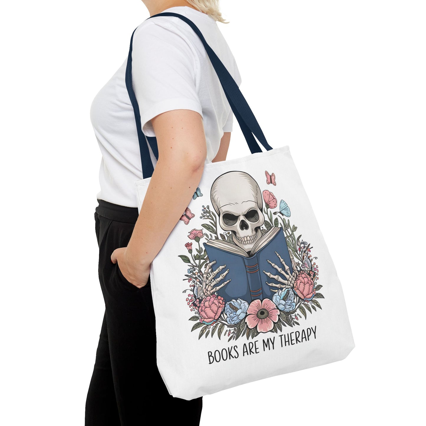 Books Are My Therapy- Skeleton Floral Tote Bag - Perfect Gift for Book Lovers