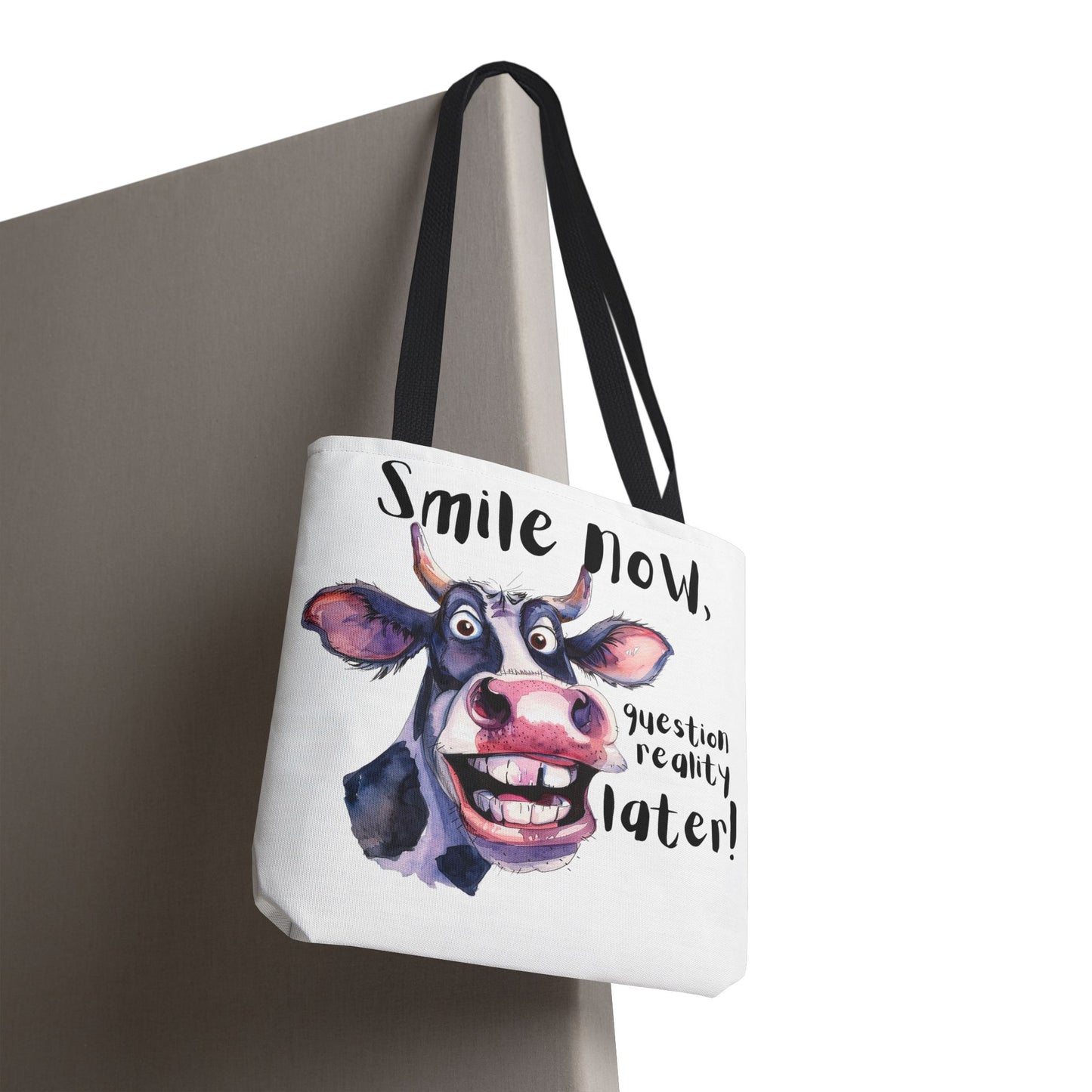Funny Cow Tote Bag - 'Smile Now, Question Reality Later!' - Great Gift Idea, Mother's Day Gift