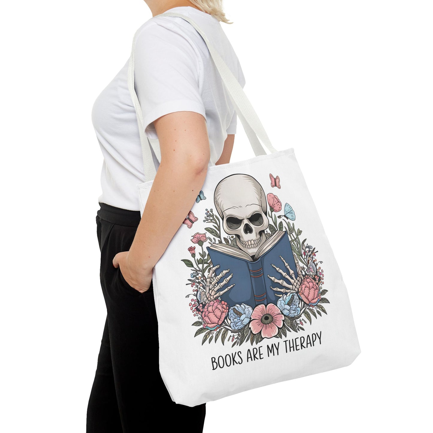 Books Are My Therapy- Skeleton Floral Tote Bag - Perfect Gift for Book Lovers