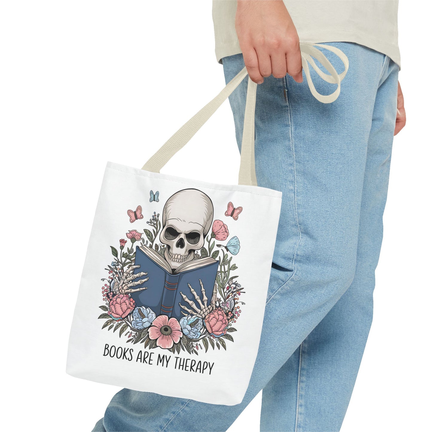 Books Are My Therapy- Skeleton Floral Tote Bag - Perfect Gift for Book Lovers