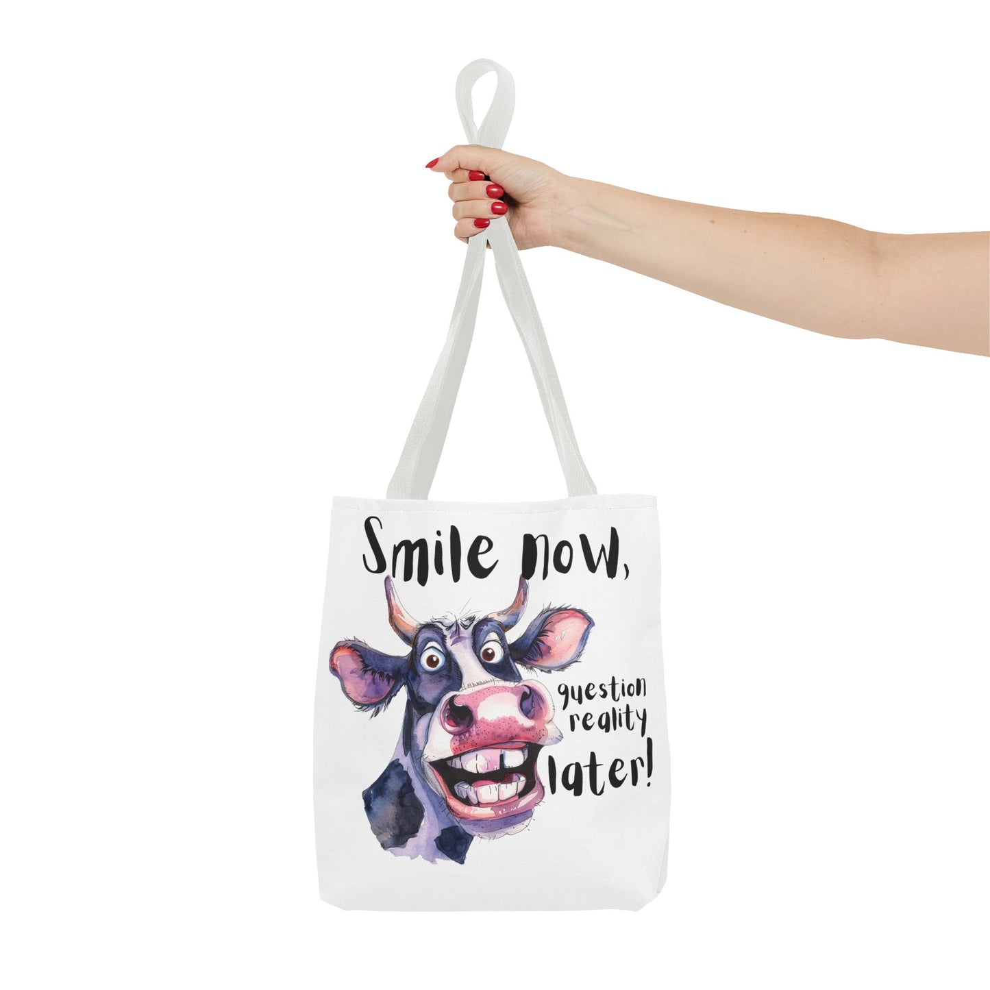 Funny Cow Tote Bag - 'Smile Now, Question Reality Later!' - Great Gift Idea, Mother's Day Gift