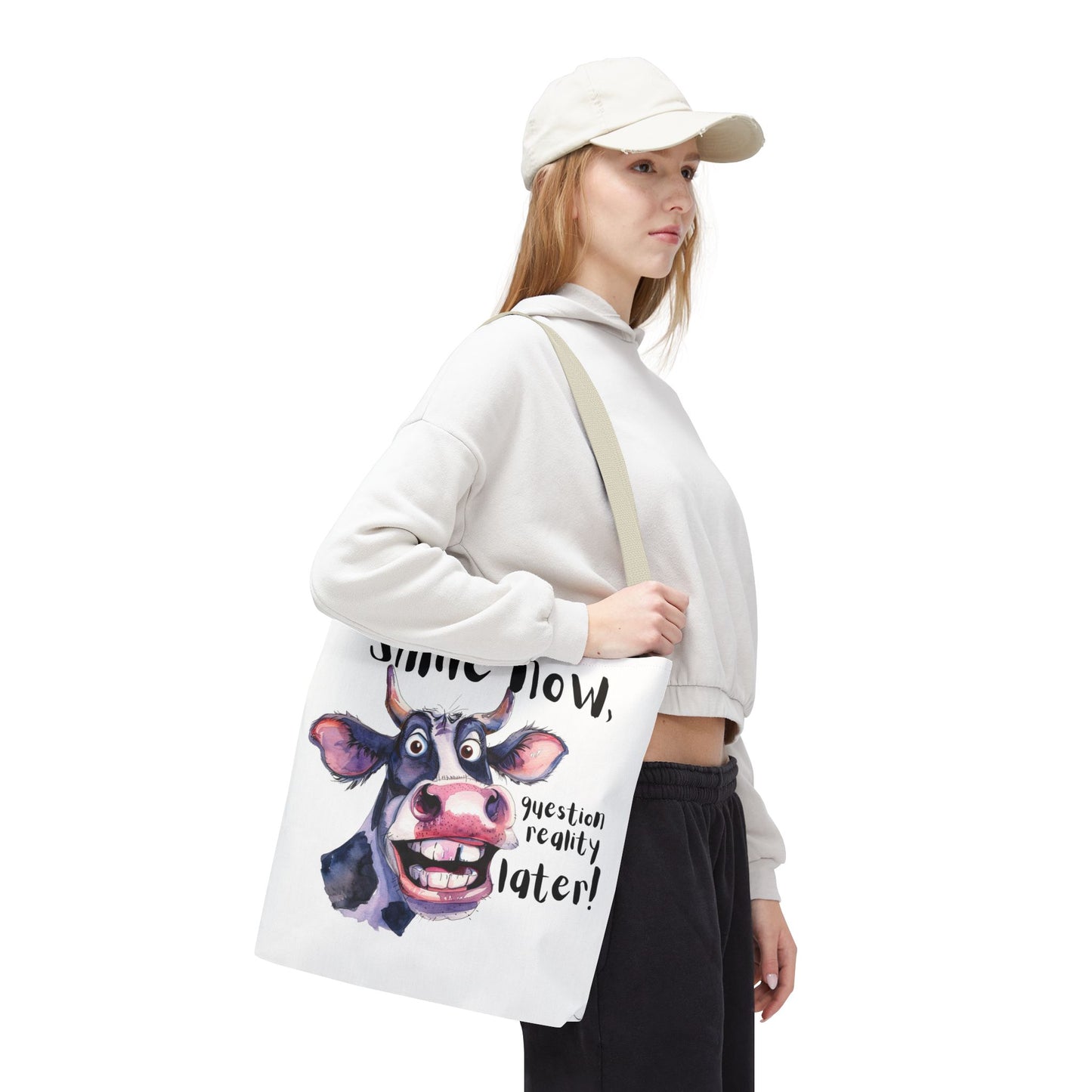 Funny Cow Tote Bag - 'Smile Now, Question Reality Later!' - Great Gift Idea, Mother's Day Gift
