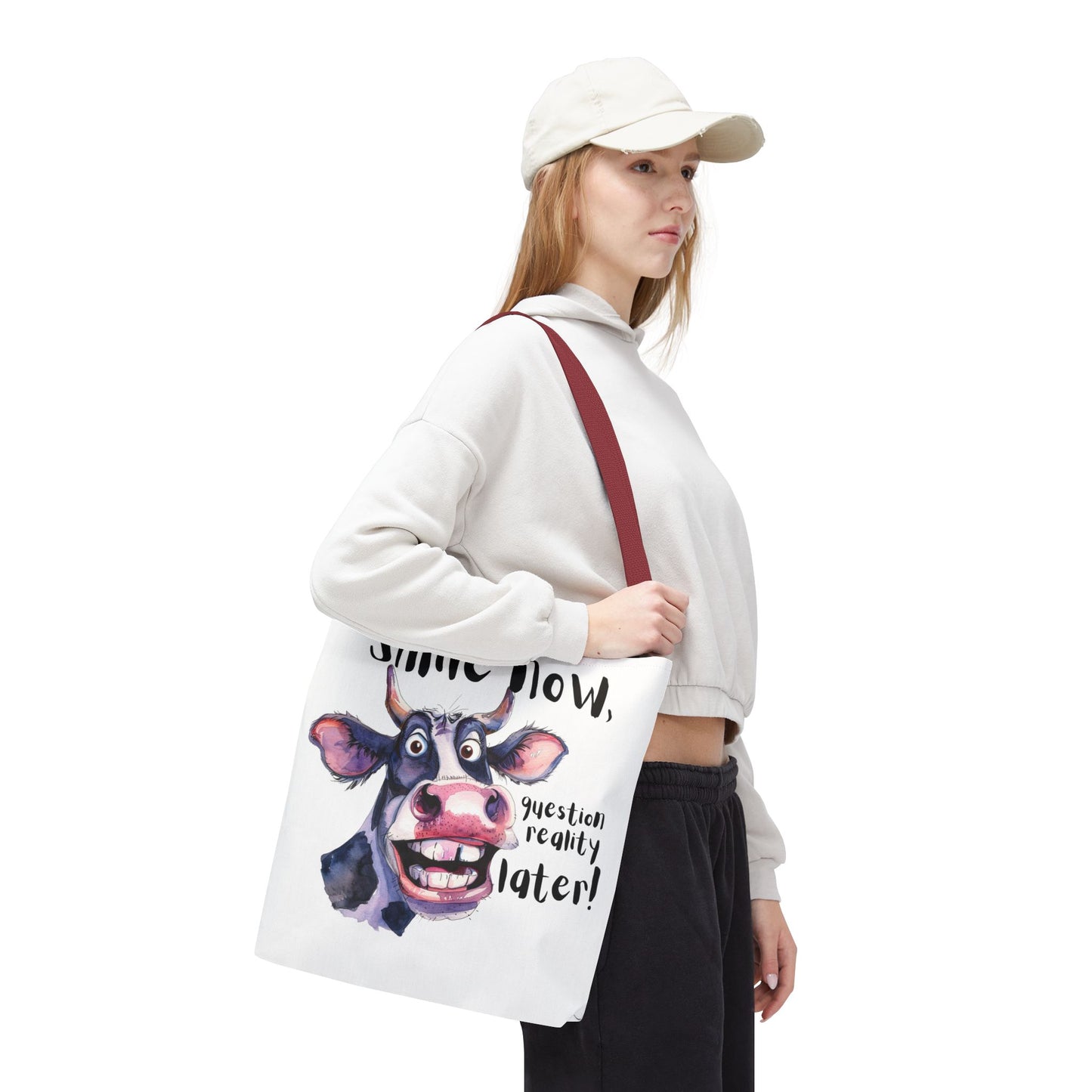 Funny Cow Tote Bag - 'Smile Now, Question Reality Later!' - Great Gift Idea, Mother's Day Gift