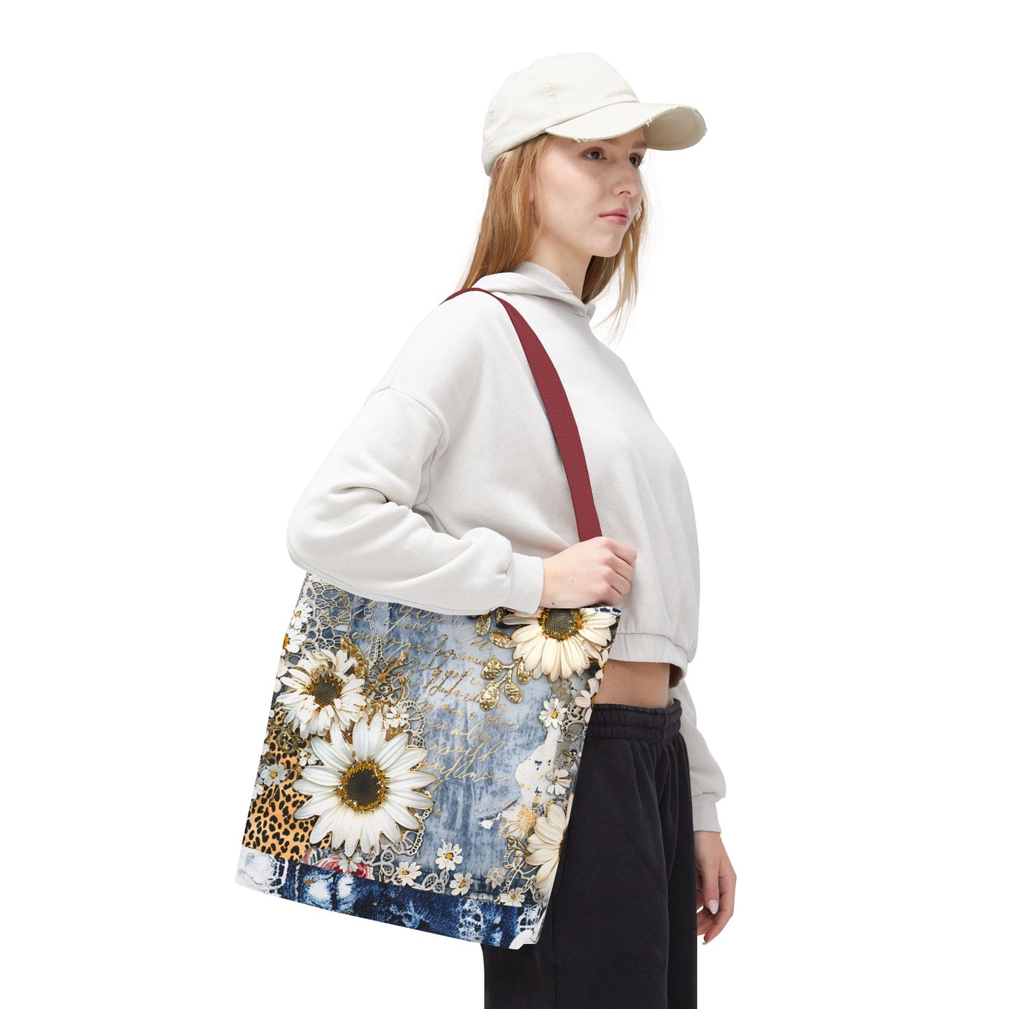 Chic Floral (Daisies and Sunflowers) Tote Bag with Leopard, Denim, and Lace Print - Stylish Everyday Accessory
