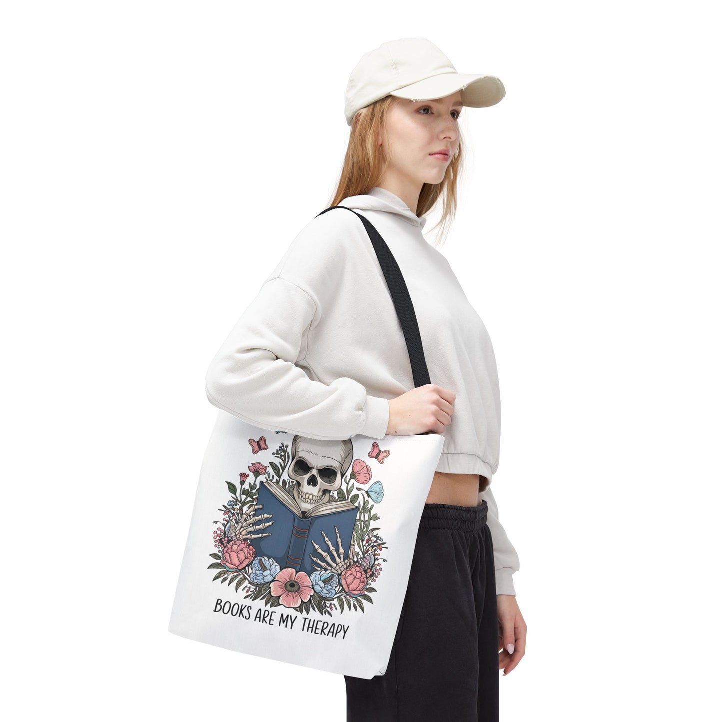 Books Are My Therapy- Skeleton Floral Tote Bag - Perfect Gift for Book Lovers