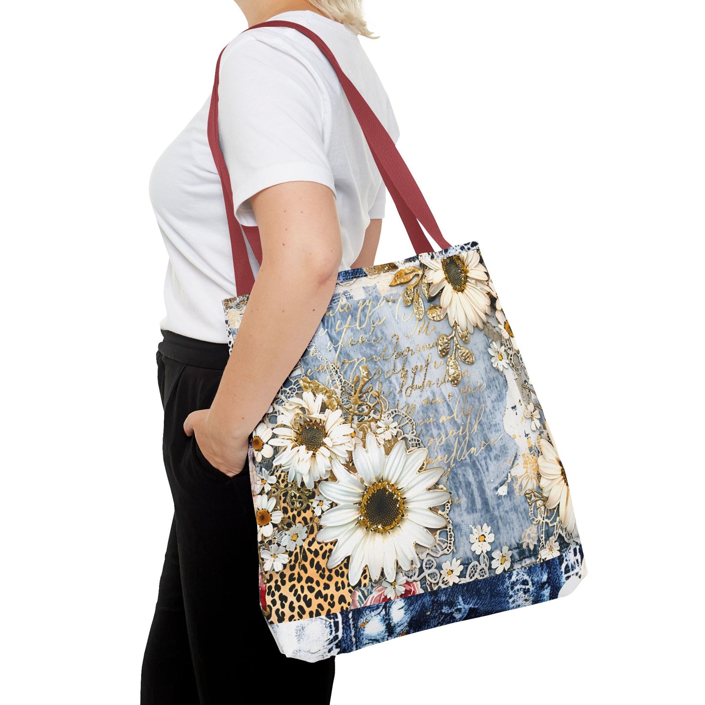 Chic Floral (Daisies and Sunflowers) Tote Bag with Leopard, Denim, and Lace Print - Stylish Everyday Accessory