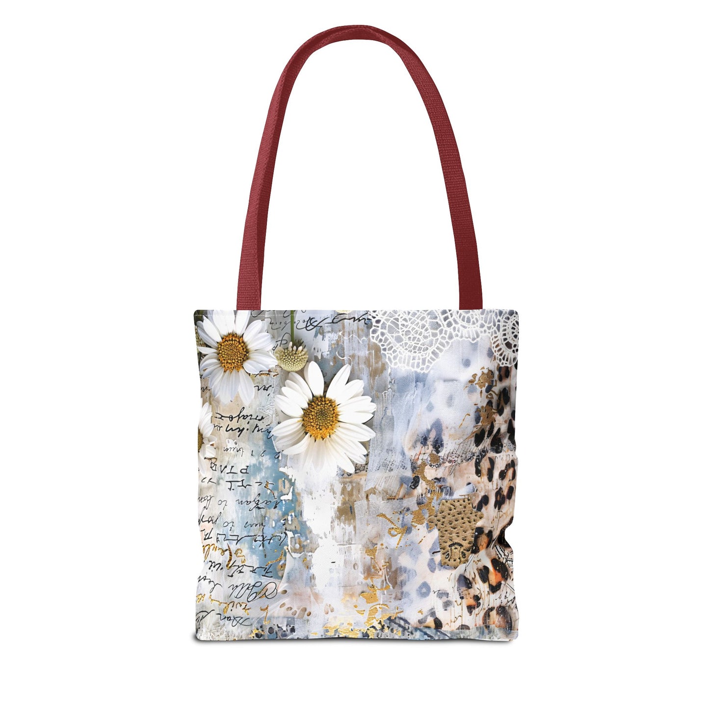 Chic Floral (Daisies and Sunflowers) Tote Bag with Leopard, Denim, and Lace Print - Stylish Everyday Accessory