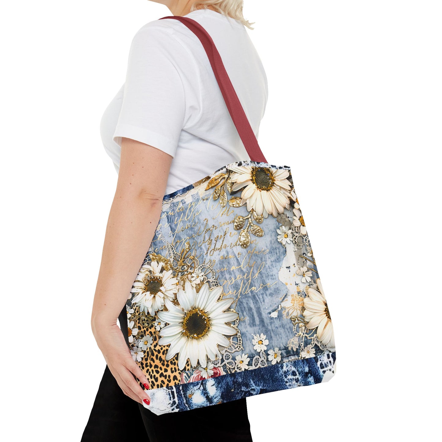 Chic Floral (Daisies and Sunflowers) Tote Bag with Leopard, Denim, and Lace Print - Stylish Everyday Accessory
