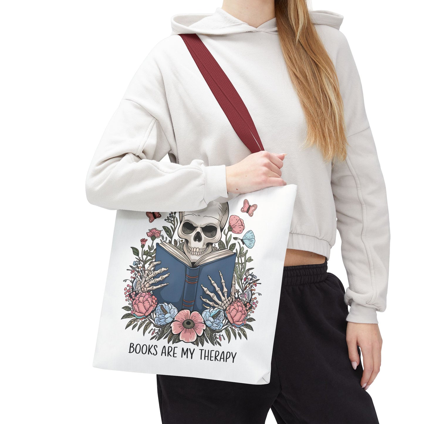 Books Are My Therapy- Skeleton Floral Tote Bag - Perfect Gift for Book Lovers