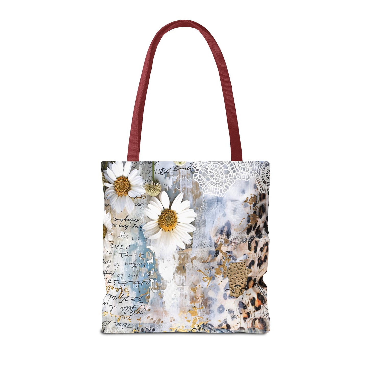 Chic Floral (Daisies and Sunflowers) Tote Bag with Leopard, Denim, and Lace Print - Stylish Everyday Accessory