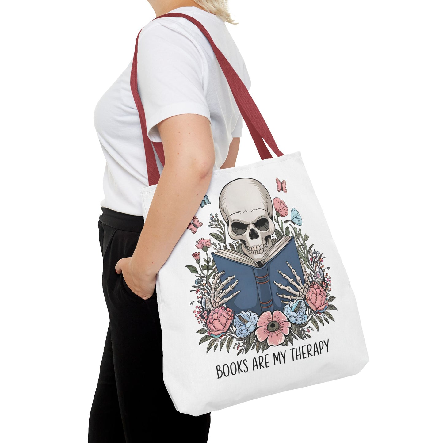 Books Are My Therapy- Skeleton Floral Tote Bag - Perfect Gift for Book Lovers
