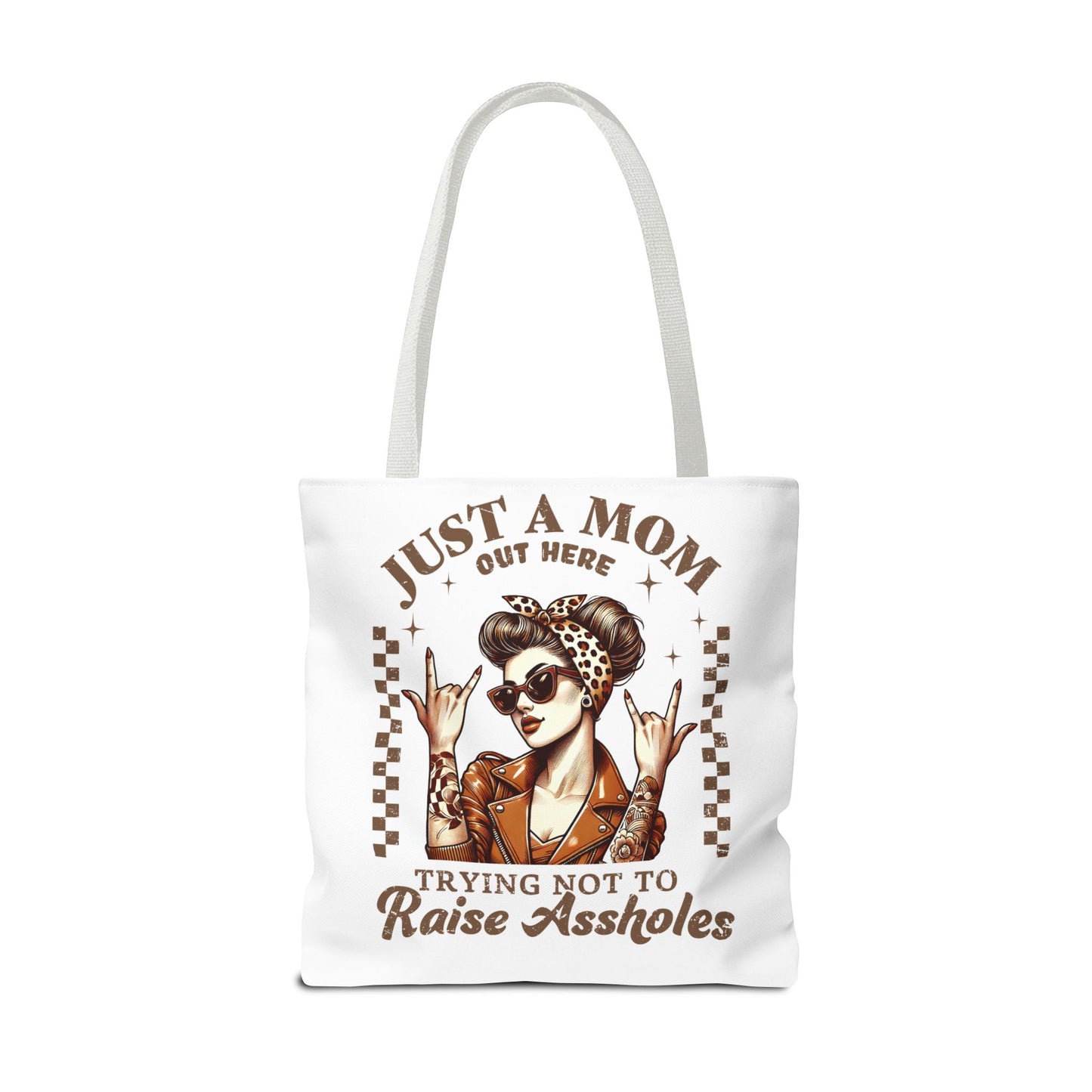 Funny Mom Tote Bag - Just a Mom Trying Not to Raise Assholes - Mother's Day Gift