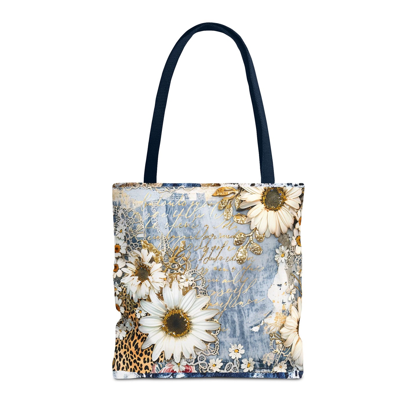 Chic Floral (Daisies and Sunflowers) Tote Bag with Leopard, Denim, and Lace Print - Stylish Everyday Accessory