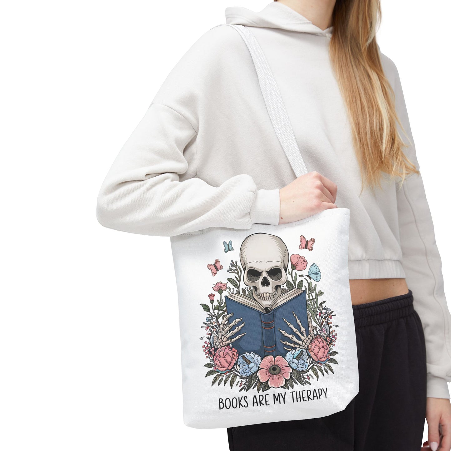 Books Are My Therapy- Skeleton Floral Tote Bag - Perfect Gift for Book Lovers