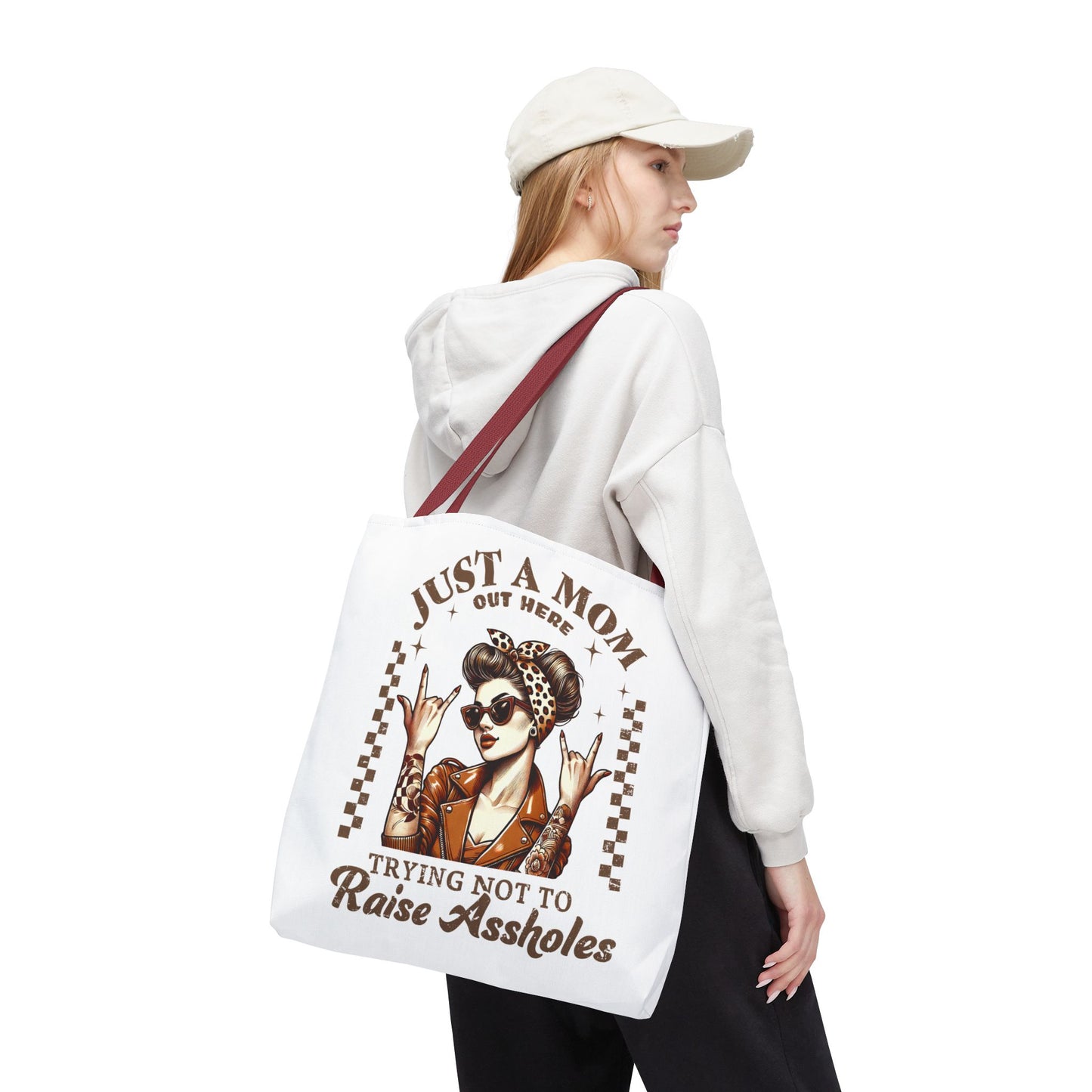Funny Mom Tote Bag - Just a Mom Trying Not to Raise Assholes - Mother's Day Gift