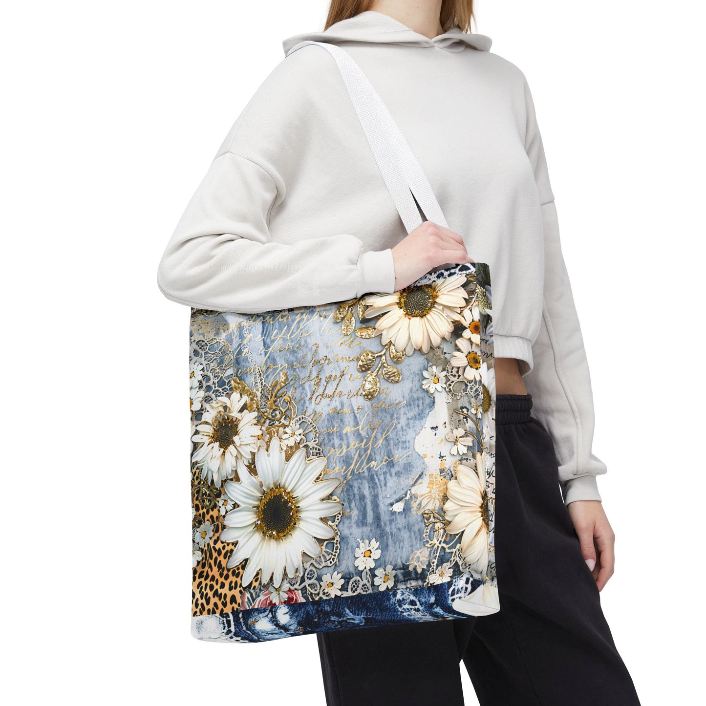 Chic Floral (Daisies and Sunflowers) Tote Bag with Leopard, Denim, and Lace Print - Stylish Everyday Accessory