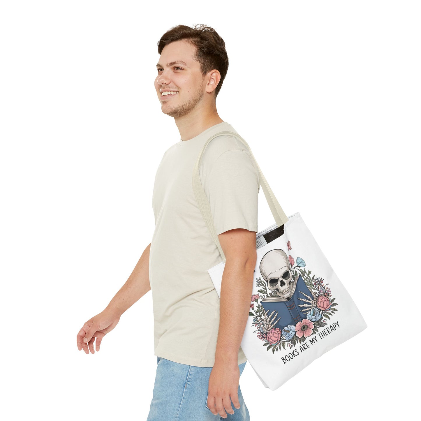 Books Are My Therapy- Skeleton Floral Tote Bag - Perfect Gift for Book Lovers