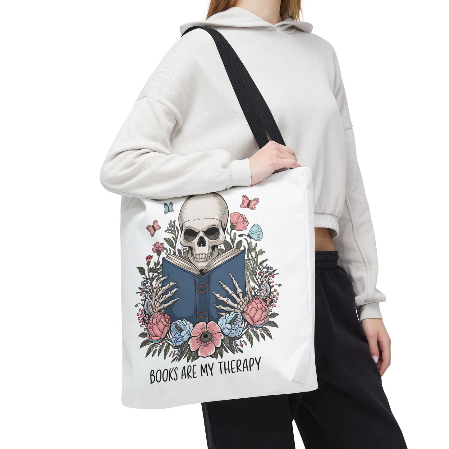 Books Are My Therapy- Skeleton Floral Tote Bag - Perfect Gift for Book Lovers