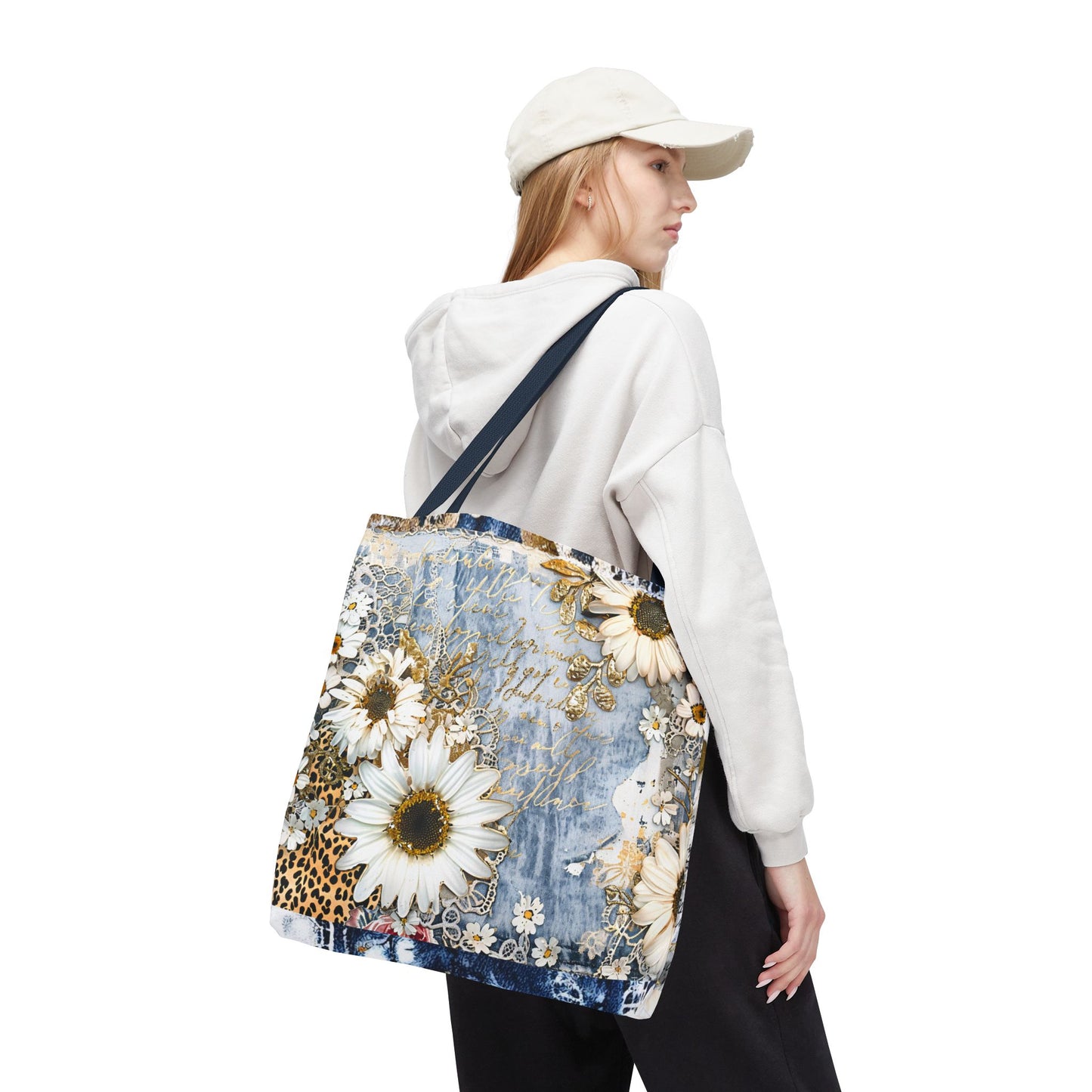 Chic Floral (Daisies and Sunflowers) Tote Bag with Leopard, Denim, and Lace Print - Stylish Everyday Accessory
