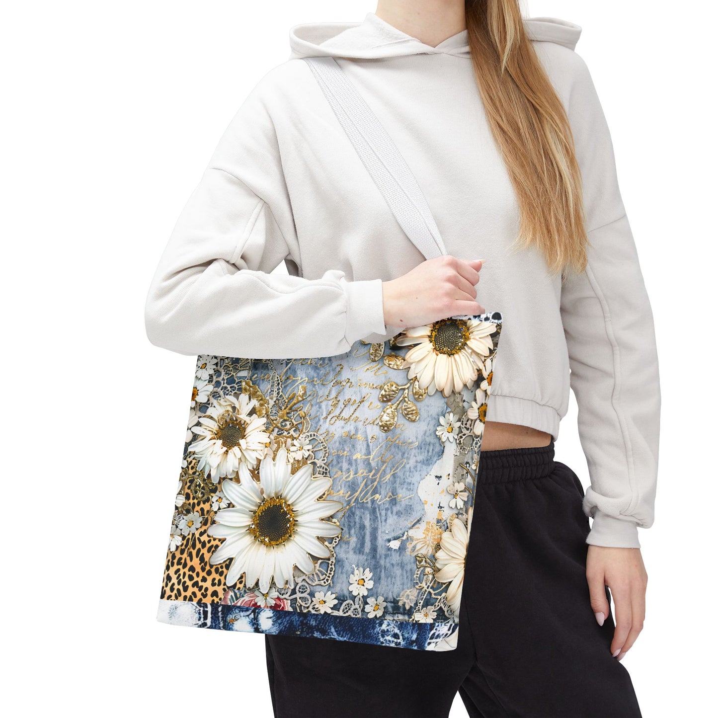 Chic Floral (Daisies and Sunflowers) Tote Bag with Leopard, Denim, and Lace Print - Stylish Everyday Accessory