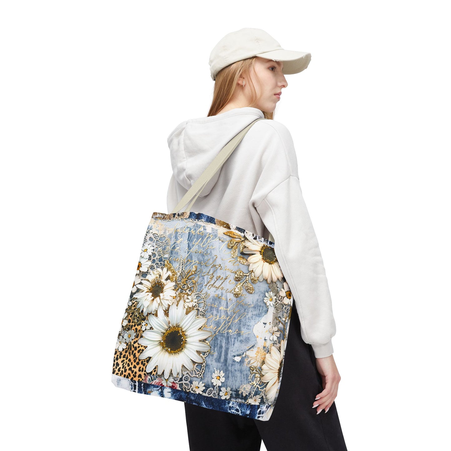 Chic Floral (Daisies and Sunflowers) Tote Bag with Leopard, Denim, and Lace Print - Stylish Everyday Accessory
