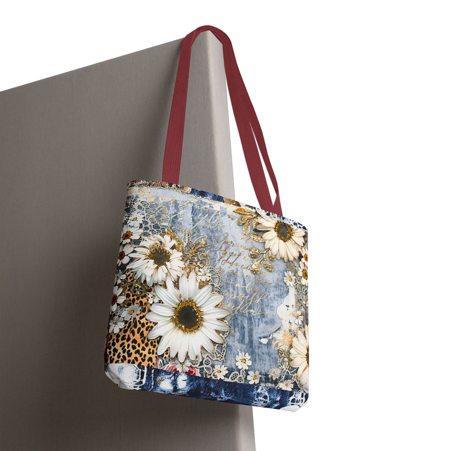 Chic Floral (Daisies and Sunflowers) Tote Bag with Leopard, Denim, and Lace Print - Stylish Everyday Accessory