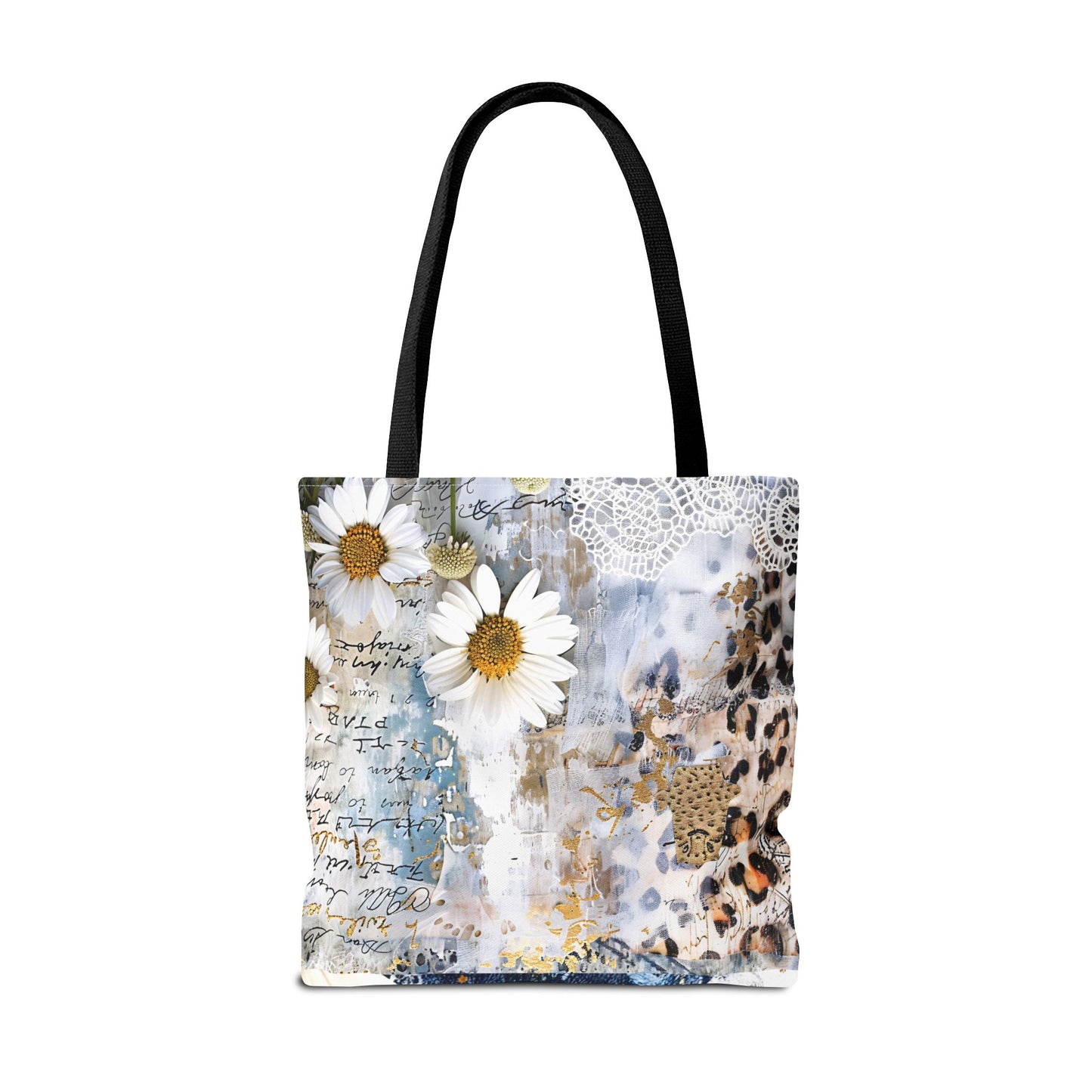 Chic Floral (Daisies and Sunflowers) Tote Bag with Leopard, Denim, and Lace Print - Stylish Everyday Accessory