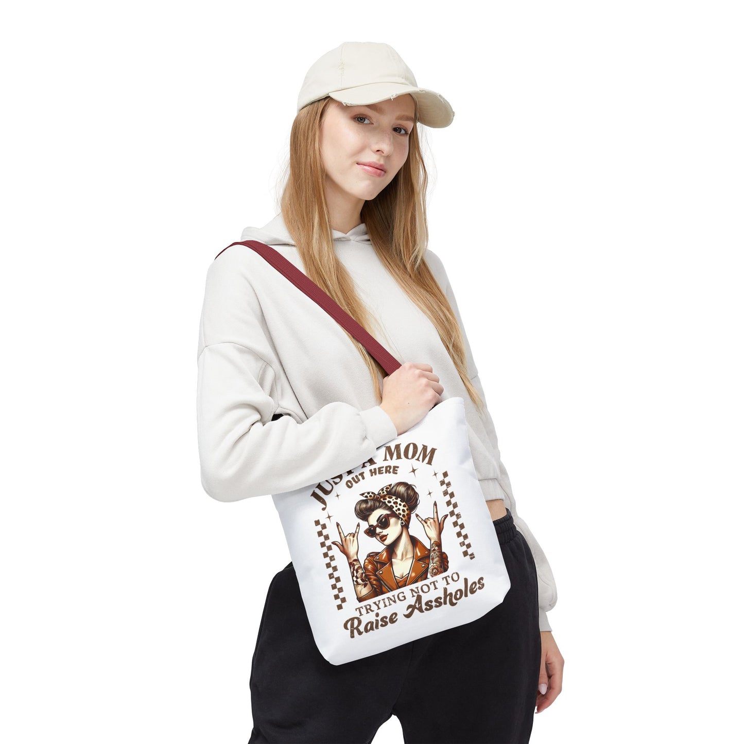 Funny Mom Tote Bag - Just a Mom Trying Not to Raise Assholes - Mother's Day Gift