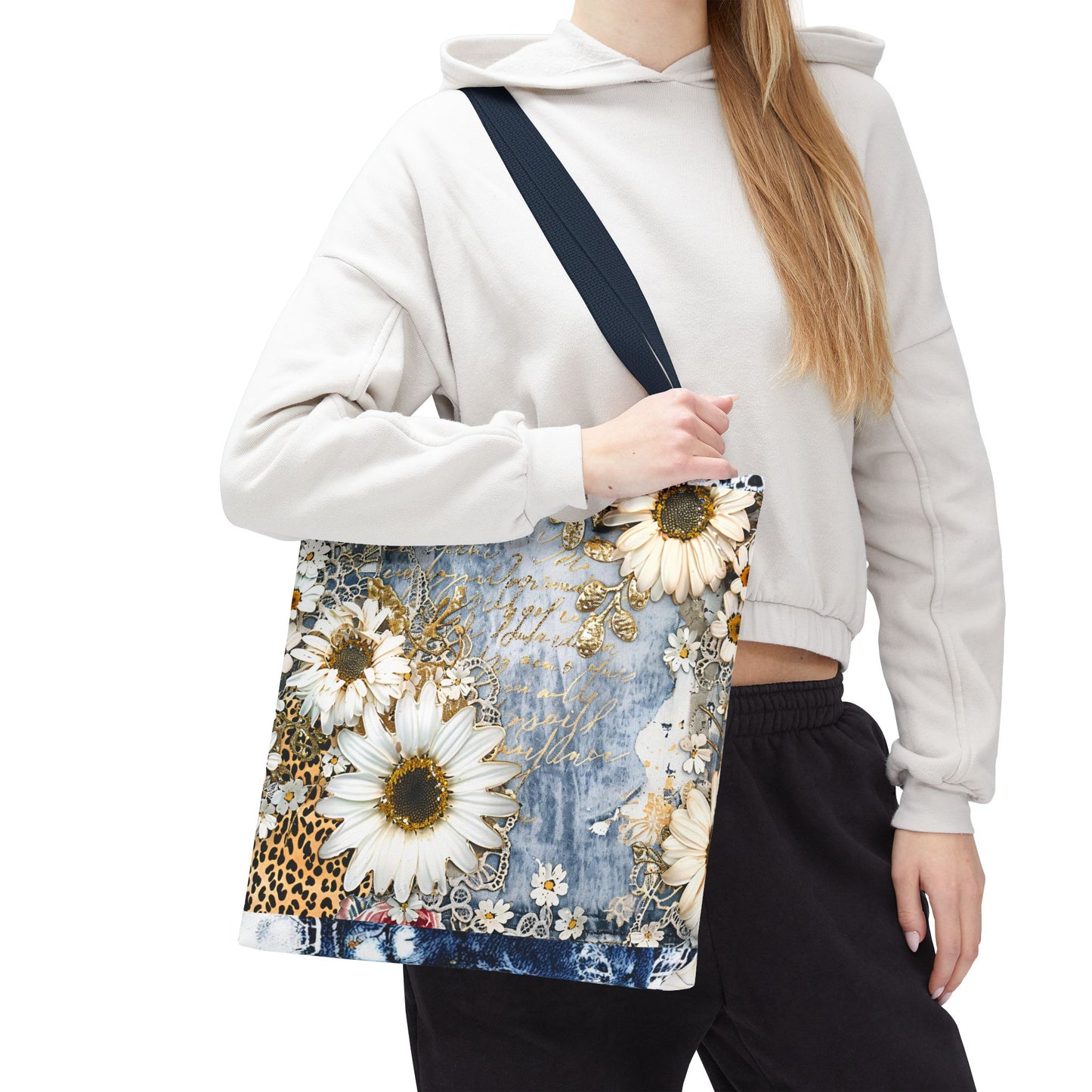 Chic Floral (Daisies and Sunflowers) Tote Bag with Leopard, Denim, and Lace Print - Stylish Everyday Accessory