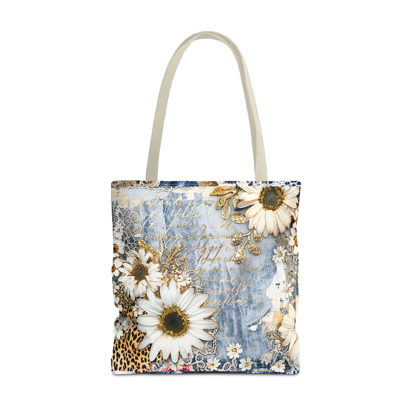Chic Floral (Daisies and Sunflowers) Tote Bag with Leopard, Denim, and Lace Print - Stylish Everyday Accessory