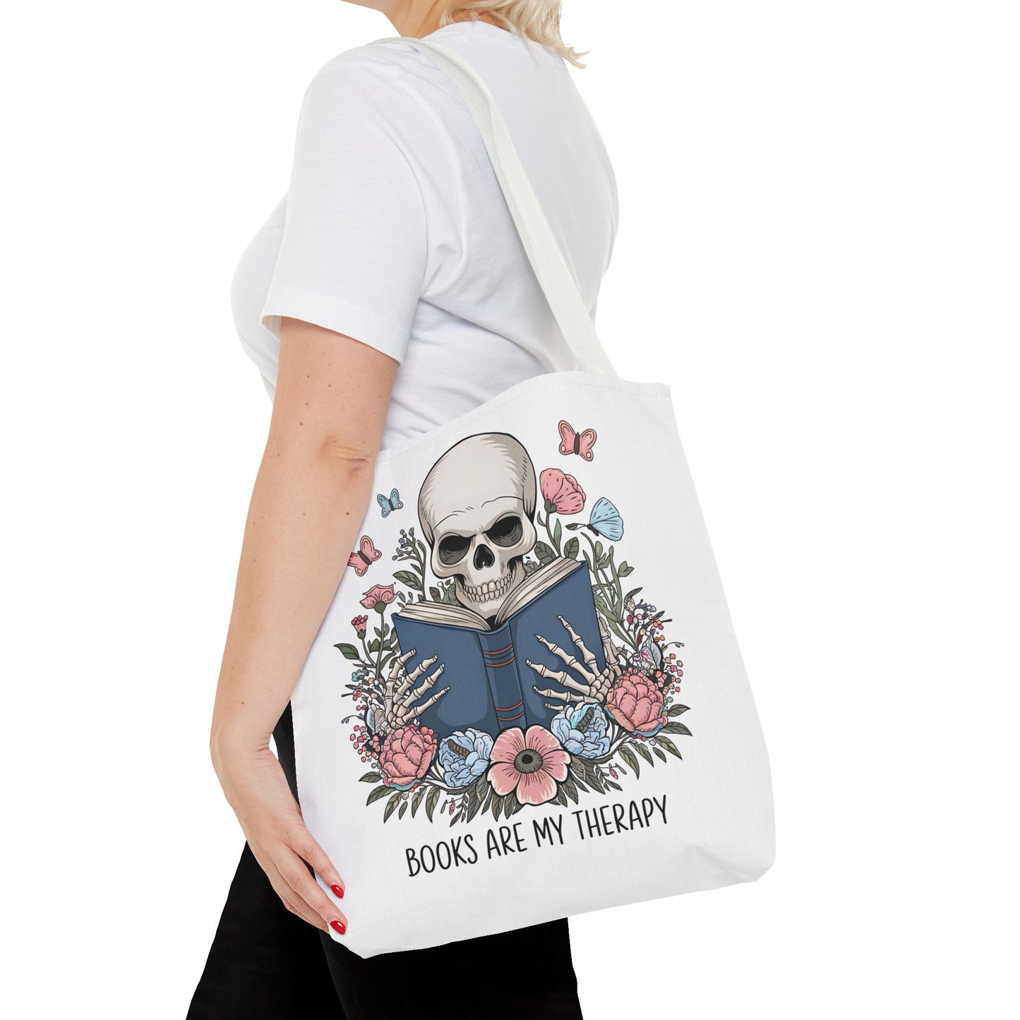 Books Are My Therapy- Skeleton Floral Tote Bag - Perfect Gift for Book Lovers