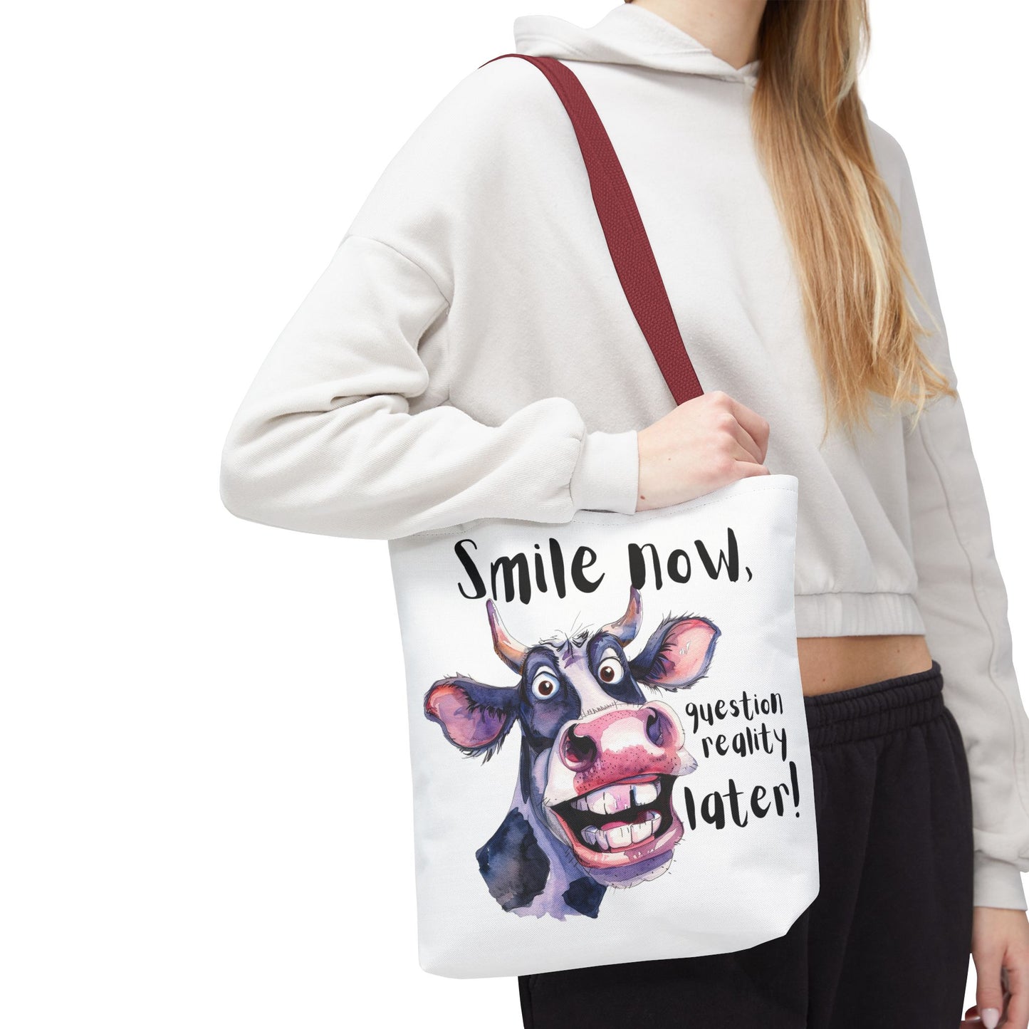 Funny Cow Tote Bag - 'Smile Now, Question Reality Later!' - Great Gift Idea, Mother's Day Gift