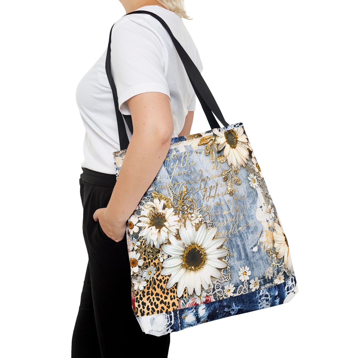 Chic Floral (Daisies and Sunflowers) Tote Bag with Leopard, Denim, and Lace Print - Stylish Everyday Accessory
