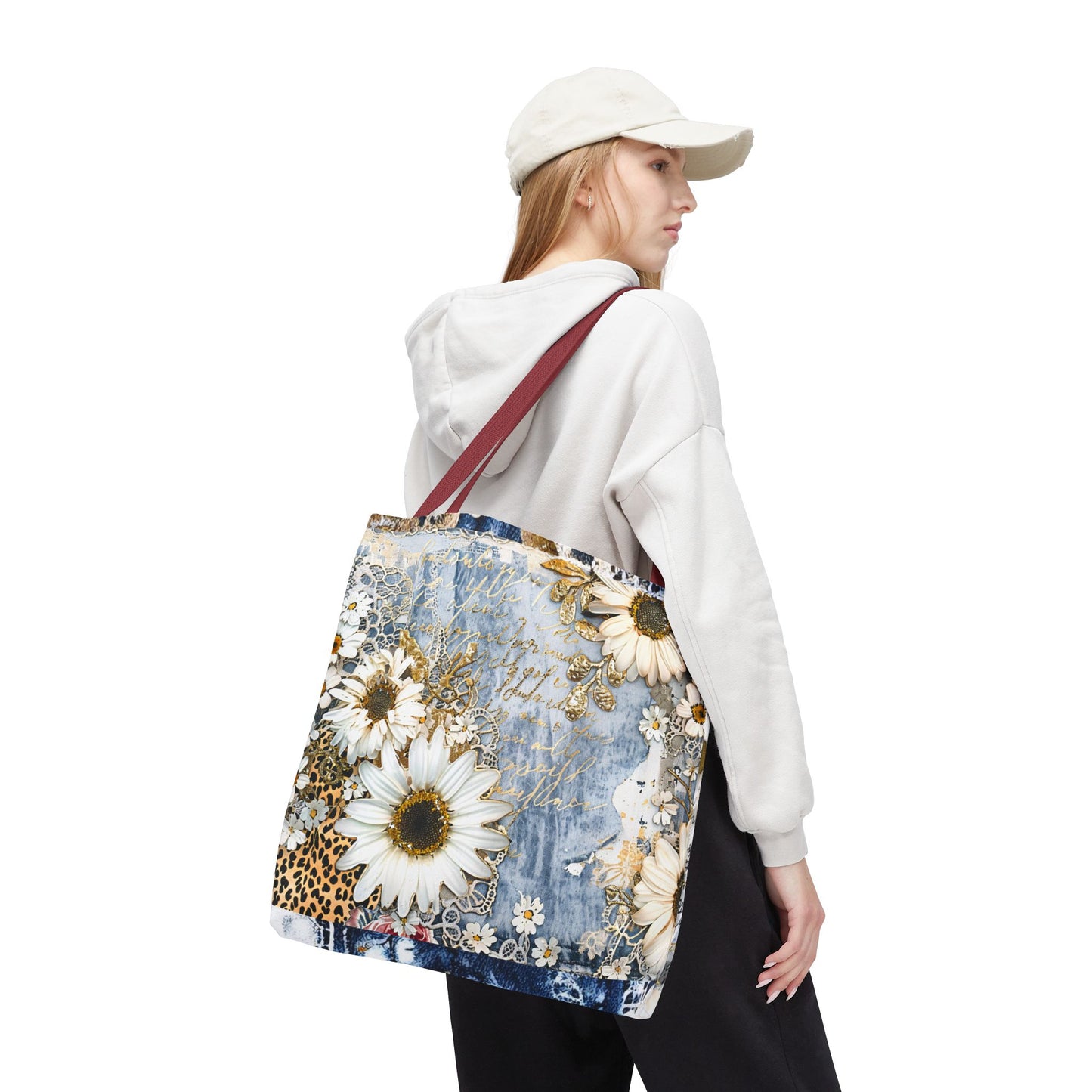 Chic Floral (Daisies and Sunflowers) Tote Bag with Leopard, Denim, and Lace Print - Stylish Everyday Accessory