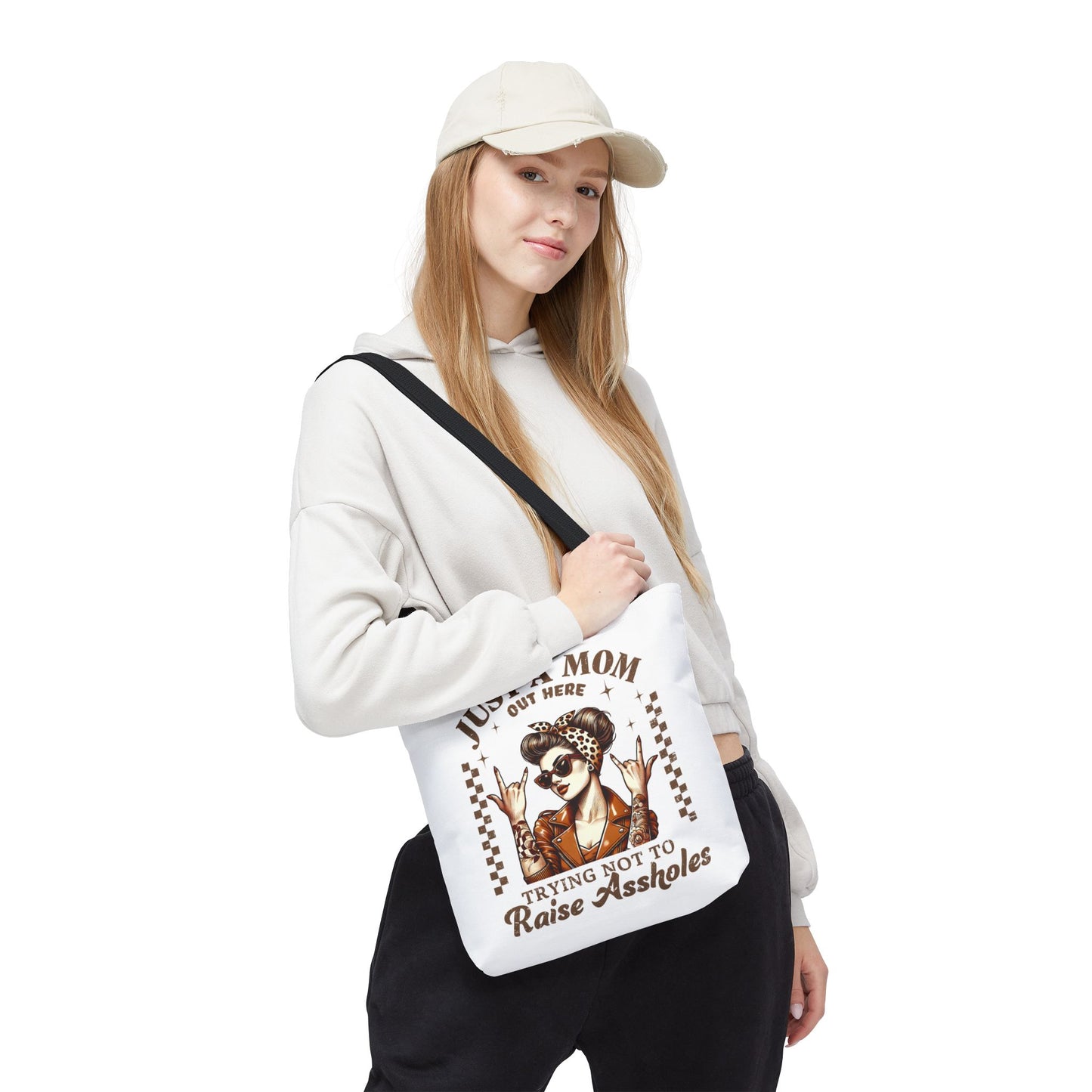 Funny Mom Tote Bag - Just a Mom Trying Not to Raise Assholes - Mother's Day Gift