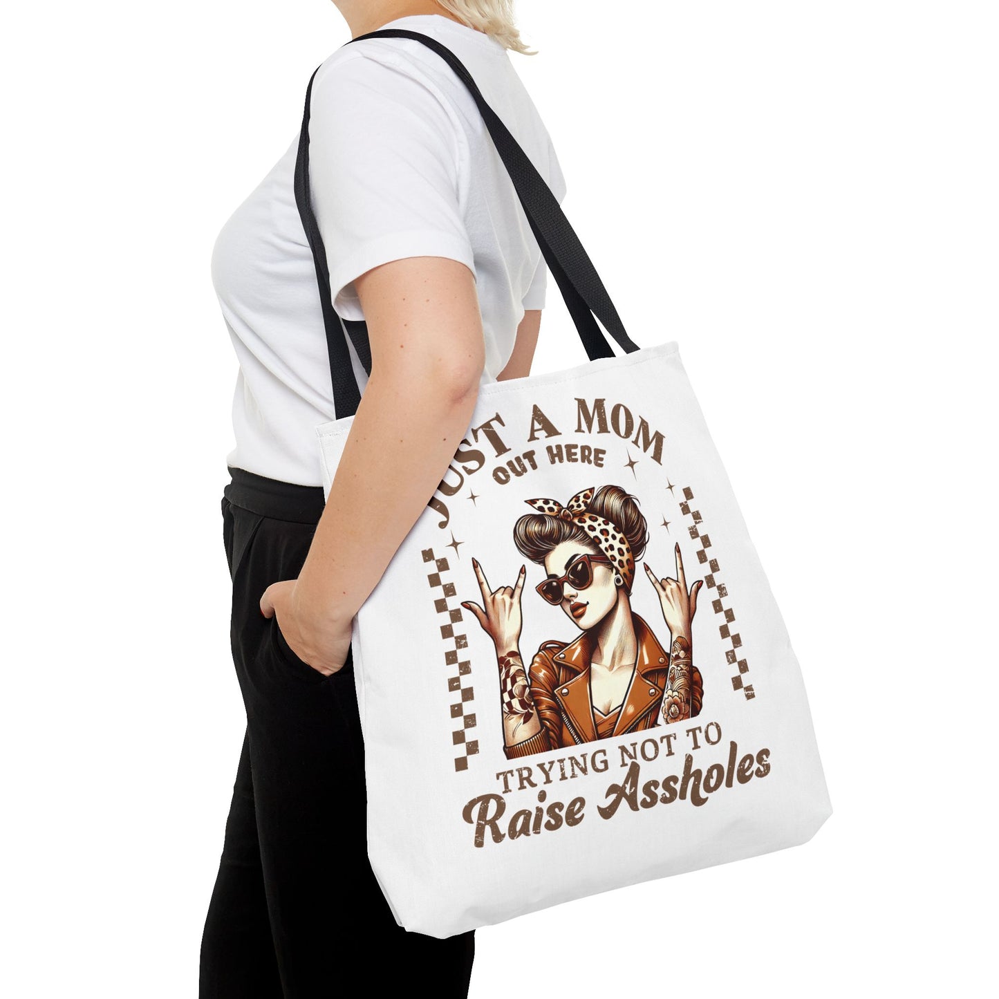 Funny Mom Tote Bag - Just a Mom Trying Not to Raise Assholes - Mother's Day Gift