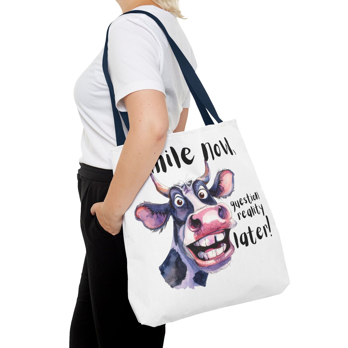Funny Cow Tote Bag - 'Smile Now, Question Reality Later!' - Great Gift Idea, Mother's Day Gift
