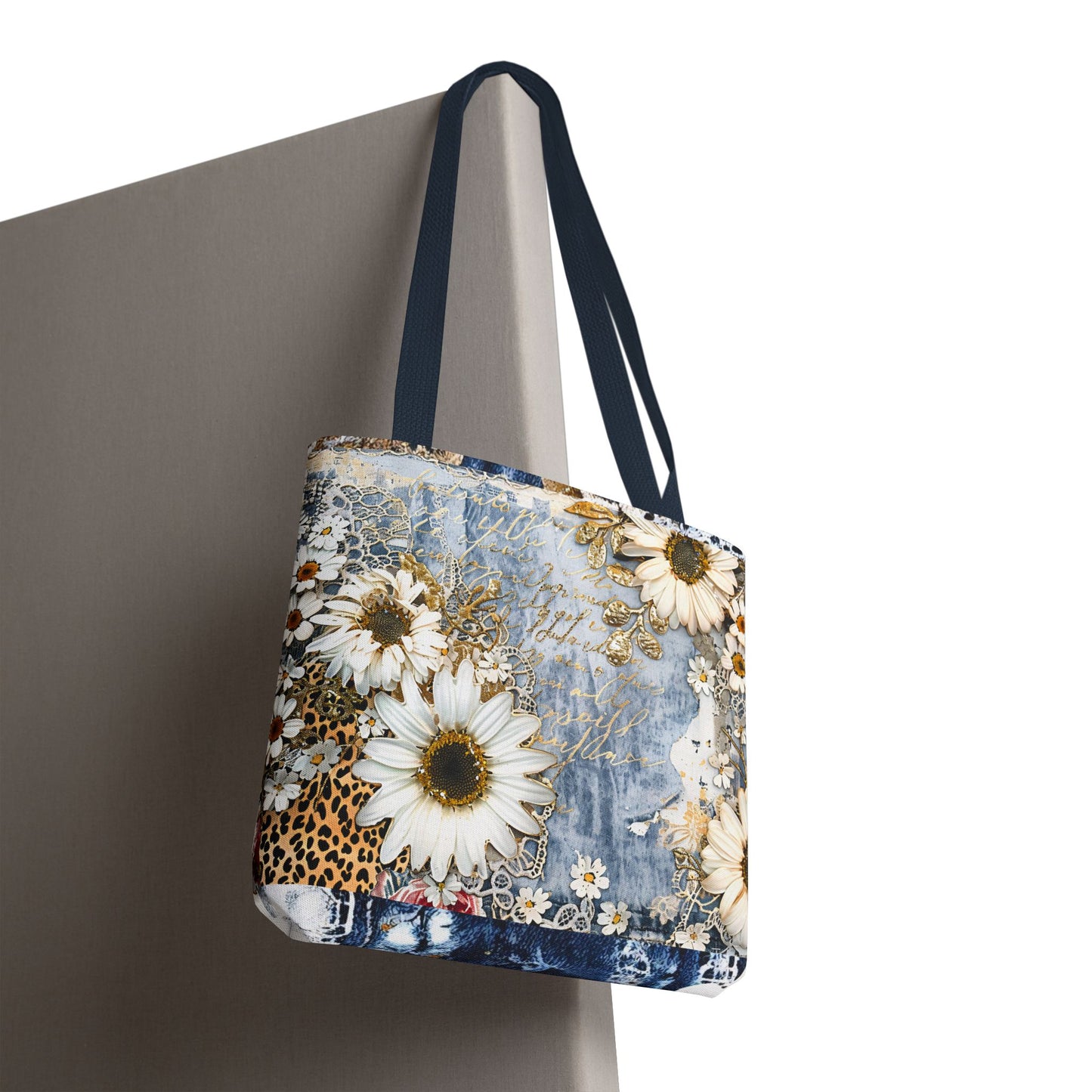 Chic Floral (Daisies and Sunflowers) Tote Bag with Leopard, Denim, and Lace Print - Stylish Everyday Accessory