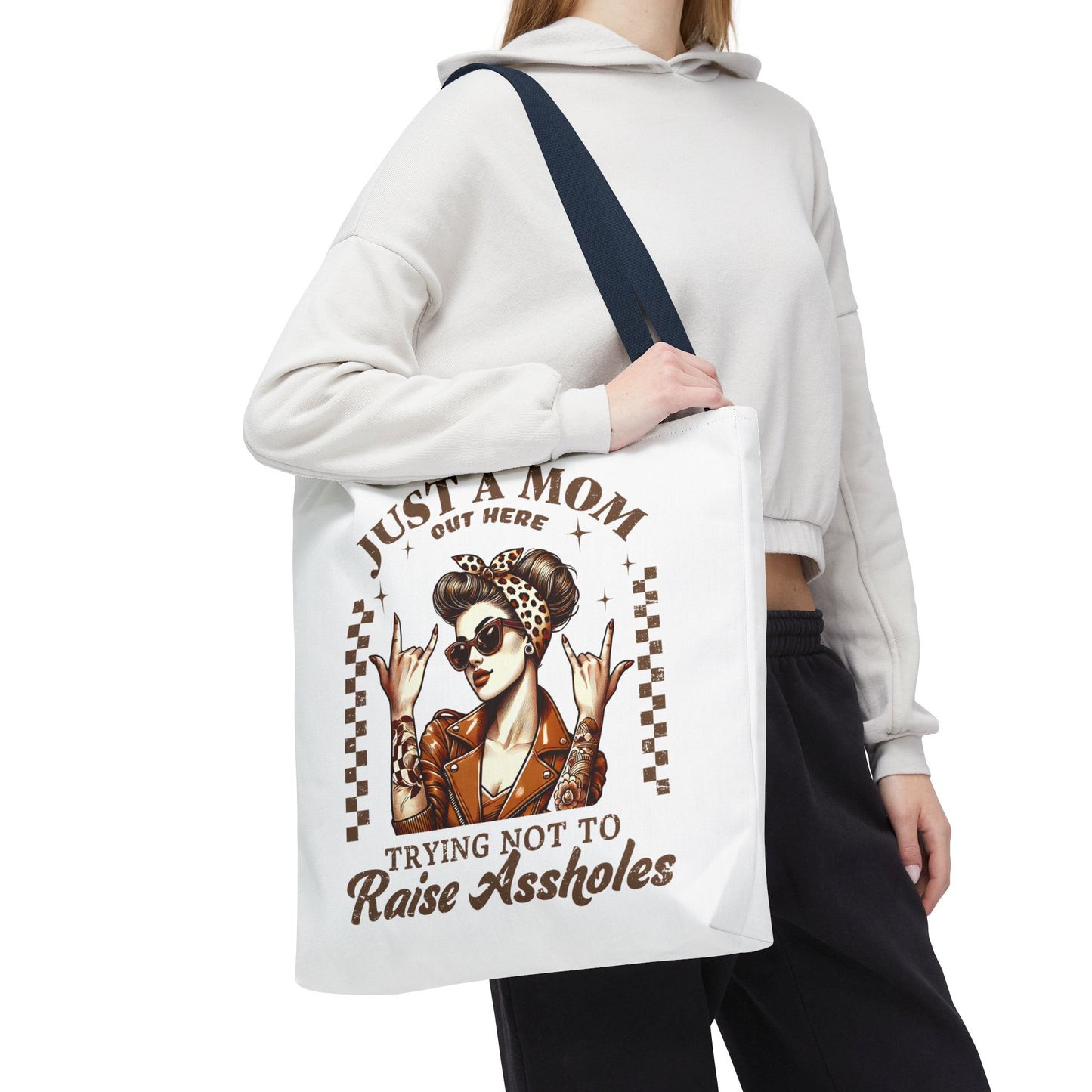 Funny Mom Tote Bag - Just a Mom Trying Not to Raise Assholes - Mother's Day Gift