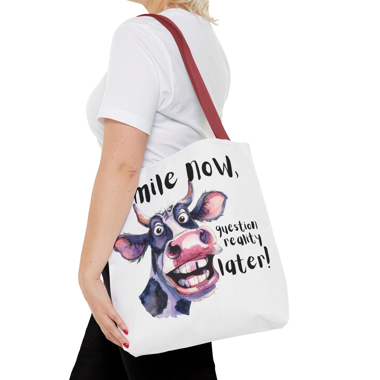 Funny Cow Tote Bag - 'Smile Now, Question Reality Later!' - Great Gift Idea, Mother's Day Gift