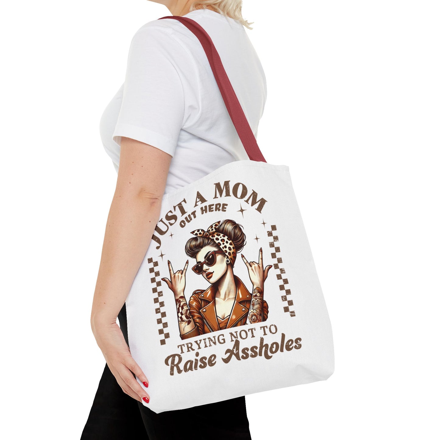 Funny Mom Tote Bag - Just a Mom Trying Not to Raise Assholes - Mother's Day Gift