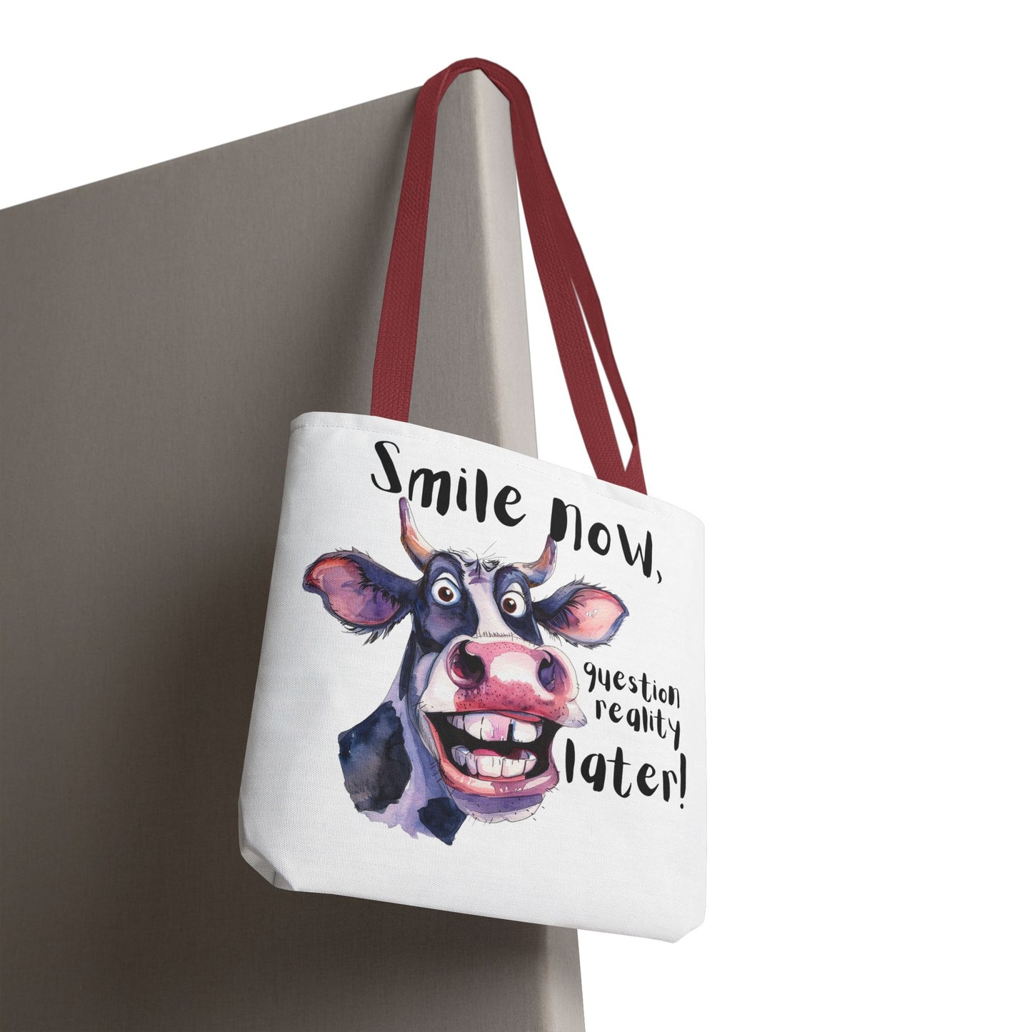 Funny Cow Tote Bag - 'Smile Now, Question Reality Later!' - Great Gift Idea, Mother's Day Gift