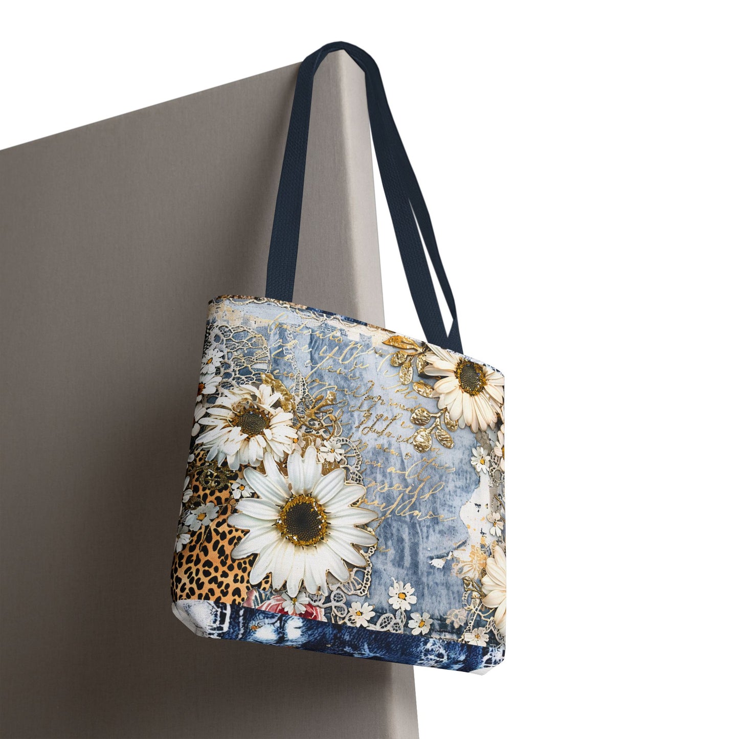 Chic Floral (Daisies and Sunflowers) Tote Bag with Leopard, Denim, and Lace Print - Stylish Everyday Accessory